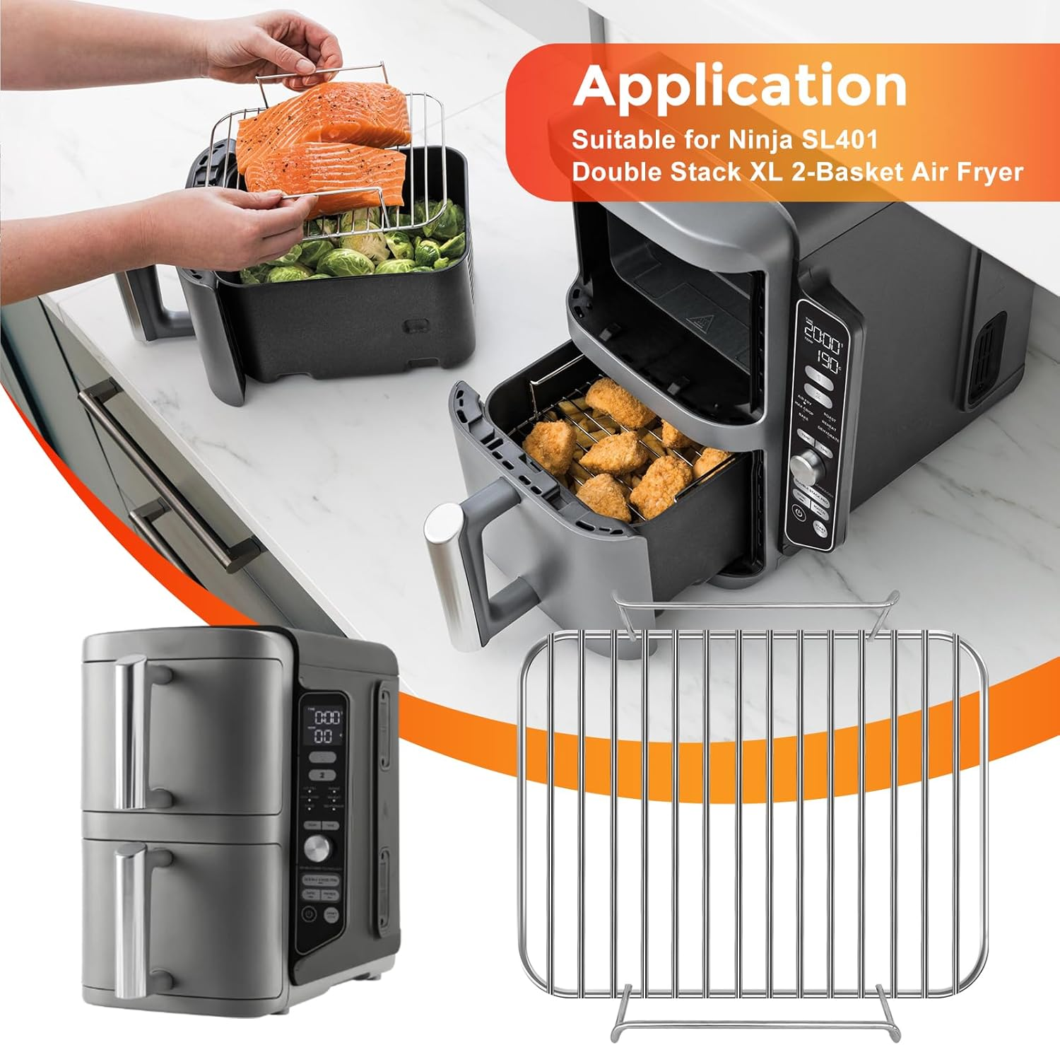 GWYXC Air Fryer Replacement Parts for Ninja SL401 Doublestack XL 2 Basket Air Fryer, 8.5''&times;7.2''&times;1.8'' Stainless Steel Air Fryer Wire Rack Accessories Roasting Steamer Grill Racks, Dishwasher Safe