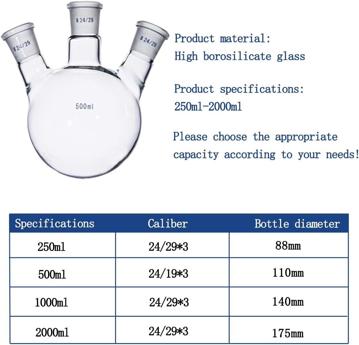 Three Necks round Bottom Flask Heavy Wall Borosilicate Glass Lab 3 Neck round Bottom Boiling Flask Multi Neck Distillation Apparatus Organic Chemistry Lab Glassware (2000Ml) image number 1