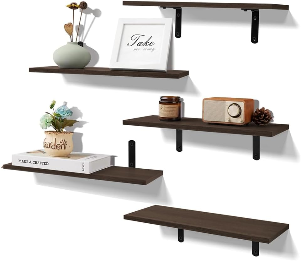 Delsol Wall Floating Shelves Wood Shelves 5Pcs Set Home Decor Wall Mounted Storage Rustic Wood Farmhouse Shelf for Bedroom, Living Room, Kitchen, Bathroom (Black)