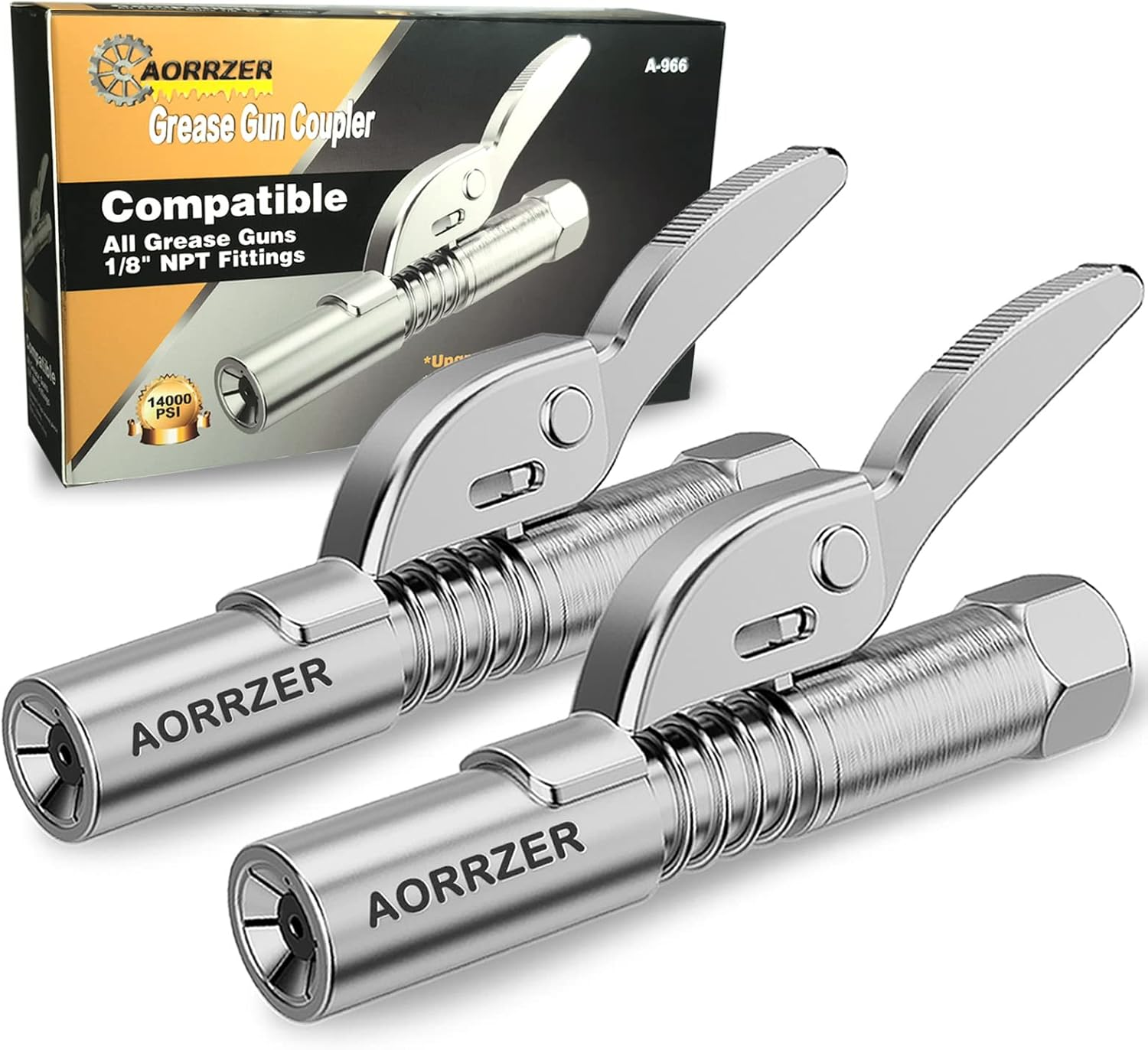 AORRZER Grease Gun Coupler 2 PCS, Strong Lock-On Greases Couplers, 12000 PSI High Pressure Quick Release Grease, Durable and Compatible with All Guns 1/8'' NPT Fittings Silver image number 5