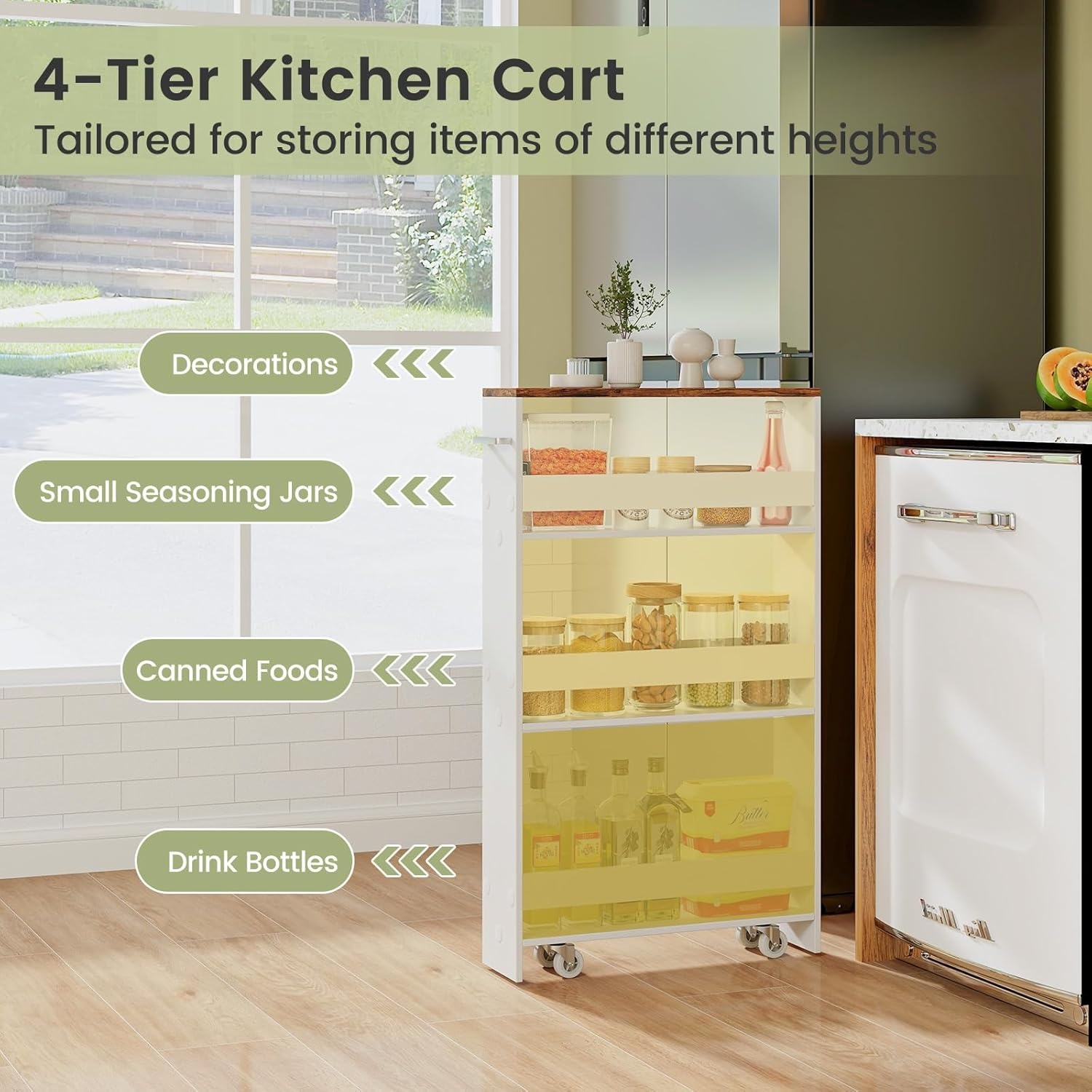 Costway Slim Storage Cart W/Handle, 4-Tier Slide Out Utility Cart, Shelving Unit Organizer Trolley for Narrow Places, Perfect for Laundry, Kitchen, Living Room (Rustic Brown+White) - Rustic Brown+White image number 5