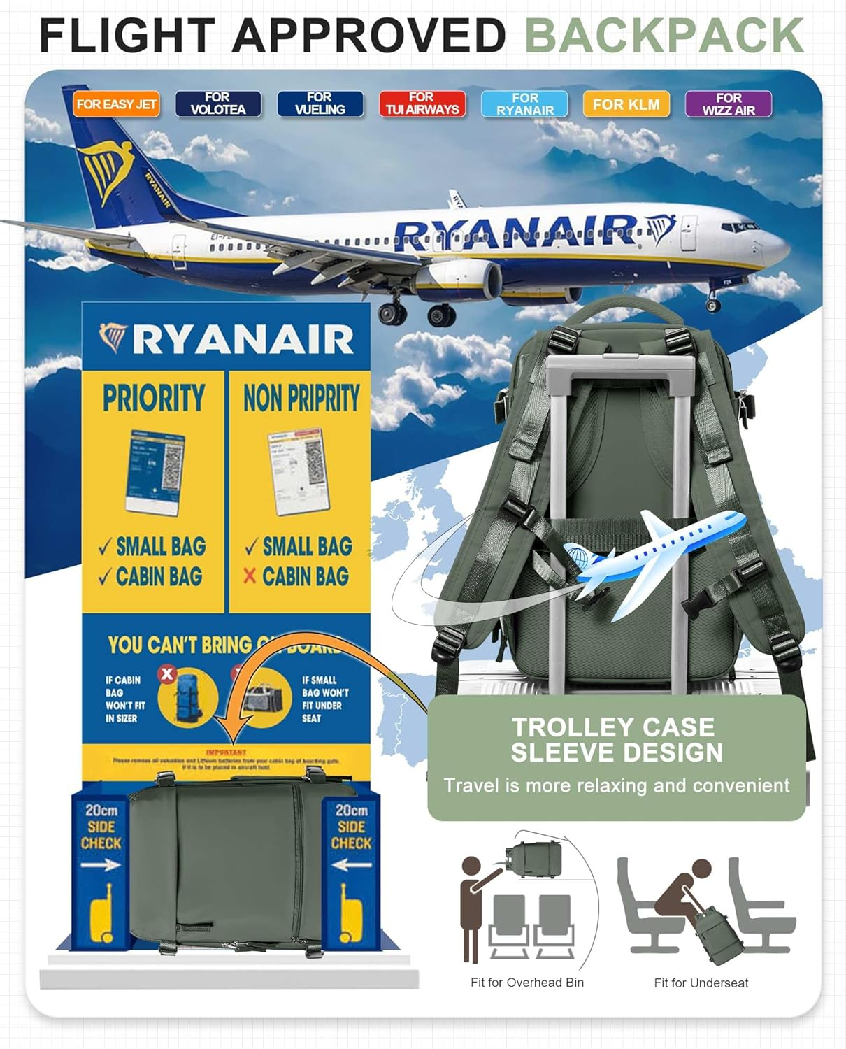 SEAFEW Carry on Backpack, Mini Travel Backpack Airplane Approved Weekender Bag for Women Men, Green, Large - Beige With Brown image number 5