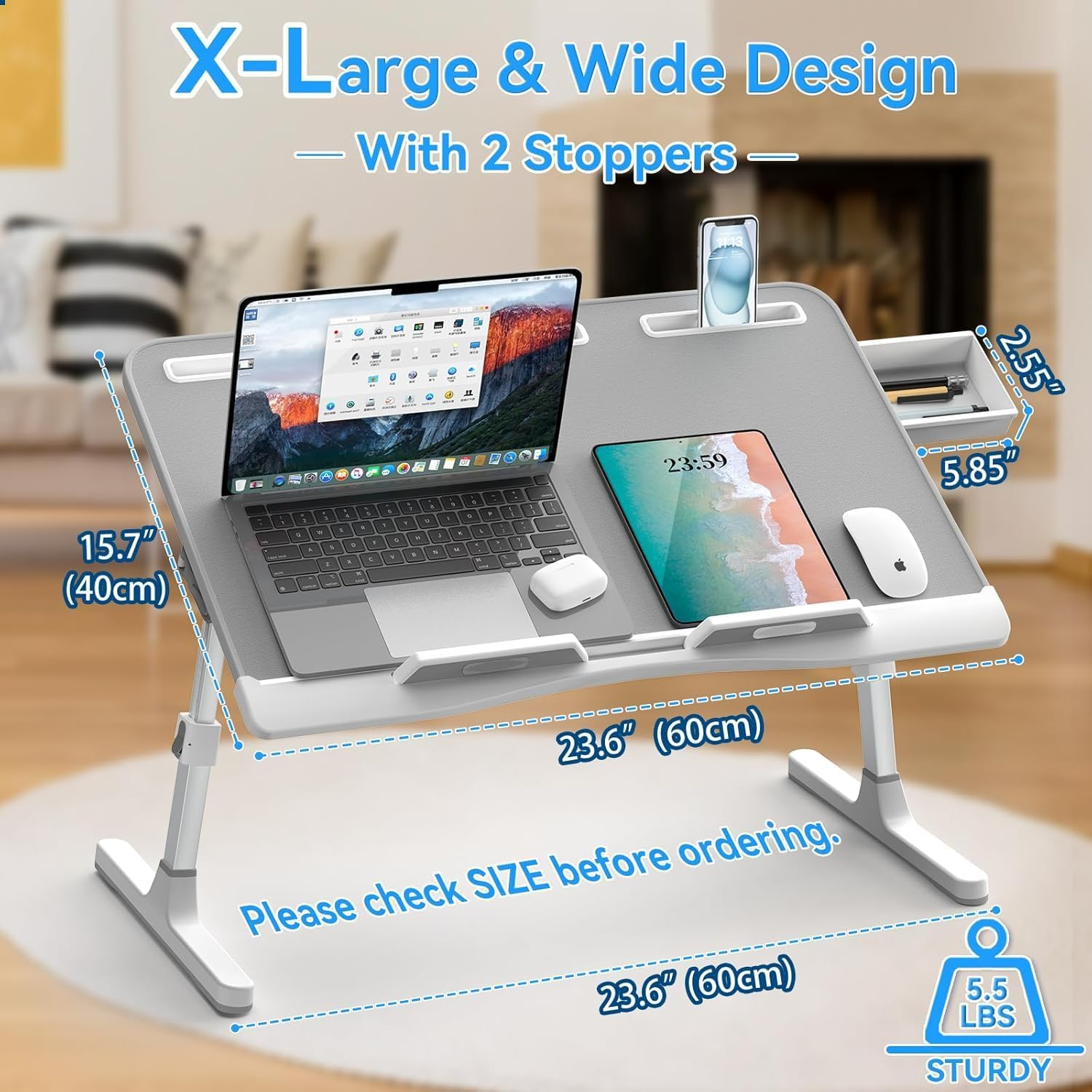 Laptop Desk for Bed, Leather X-Large Adjustable Laptop Stand for Bed, Foldable Laptop Lap Desk for Bed Couch Floor Writing Eating Working with Drawer 2 Movable Stoppers (23.6 Inch, Grey) image number 3