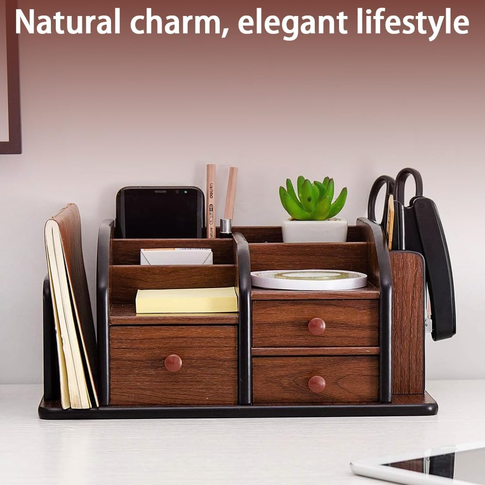 Brown Wooden Desktop Organizer,Wood Office Desk Organizer,Pencil Storage Rack,Large Capacity Drawer,Brown Desktop Accessories,For Kitchen,Desk,Classroom, O0Ffice,Daily Storage