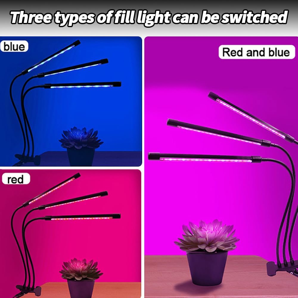 TOMVAES Clip on LED Grow Light for Indoor Plants, Full Spectrum 40W Leds Clip Plant Lights with Flexible Gooseneck, 3/9/12H Timer, 9 Level Brightness, 3 Spectral Modes,4 Tubes image number 4