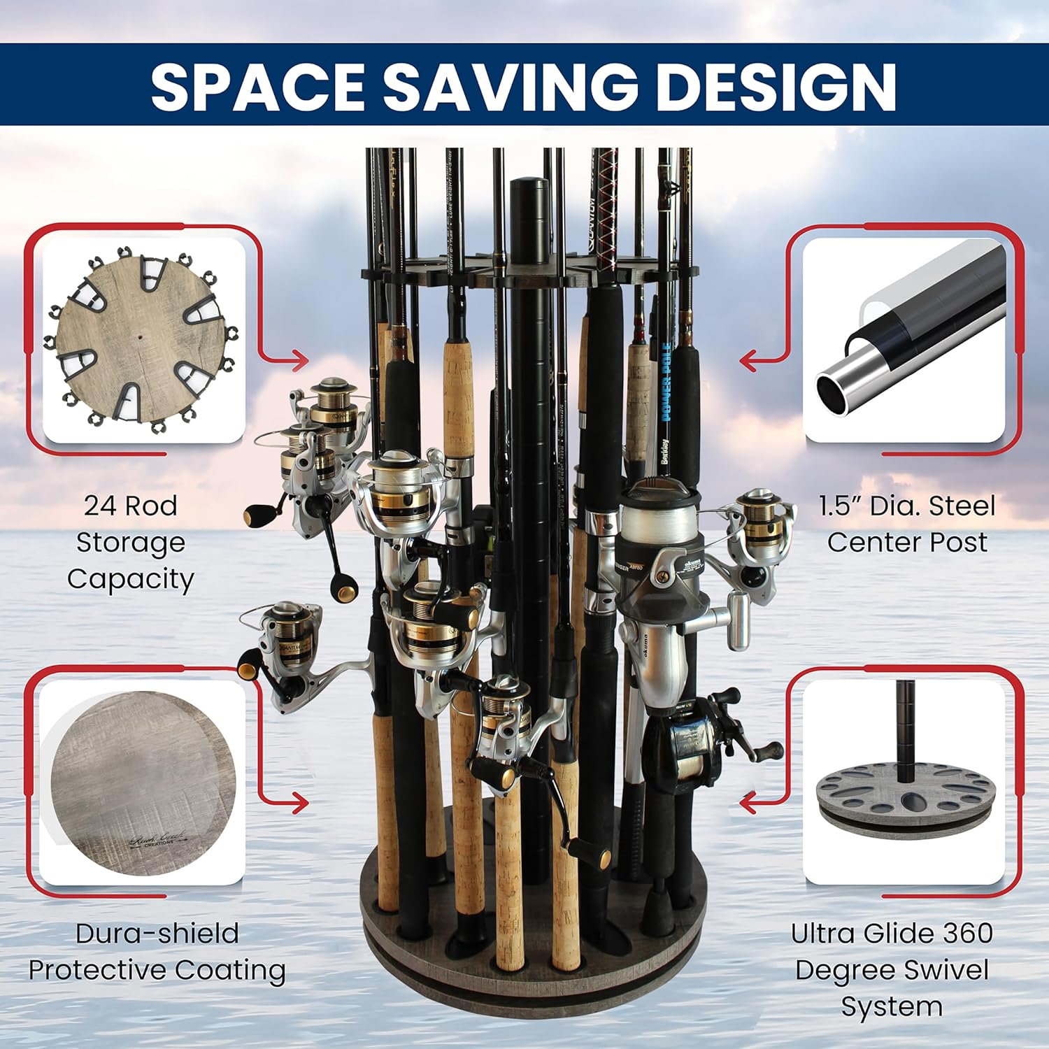 Rush Creek Creations 24 round Spinning Fishing Rod Rack - Fishing Pole Holder and Storage - Light Grain image number 4