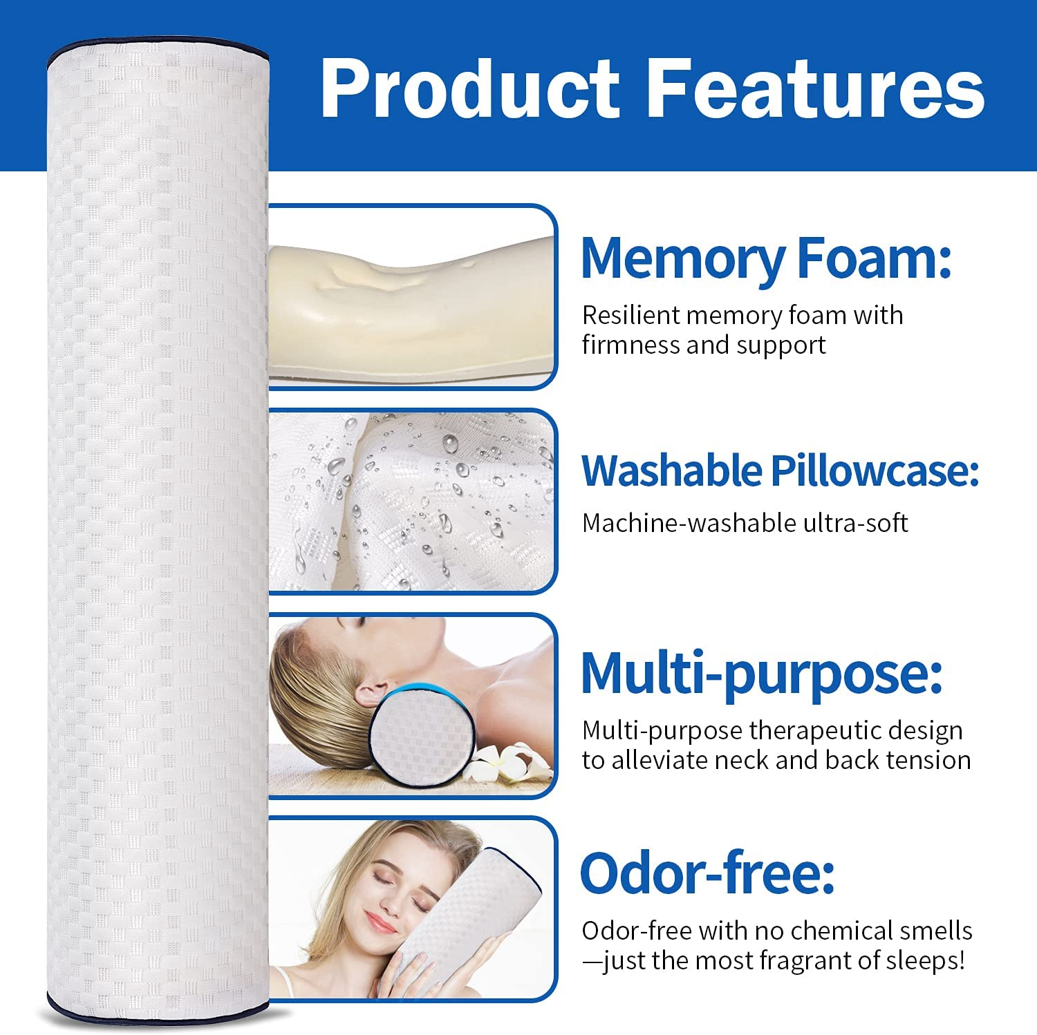 Cervical Pillow Neck Roll Pillow Support Pillow for Ergonomically Designed, Sleeping Memory Foam, Breathable,Comfortable, Alleviates Pain Ideal for Head, Neck, Spine, Lumbar Traction (Dark Blue) image number 5