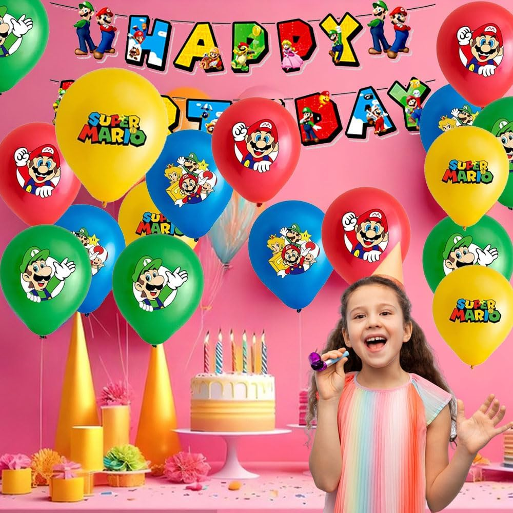 1Pcs Happy Birthday Banner 20Pcs Balloons Birthday Party Decorations, Party Latex Balloons for Kids Boys Girls Birthday Party Decoration - Mario image number 3