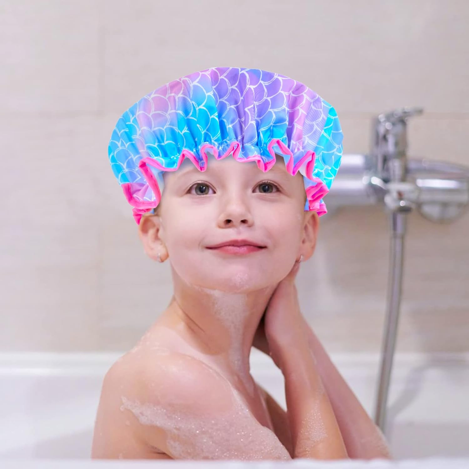 3 Pcs Kids Girls Toddler Shower Cap - Reusable Plastic Rainbow Unicorn Mermaid Hair Cap, Waterproof Adjustable Cute Head Cap for Children and Women image number 2