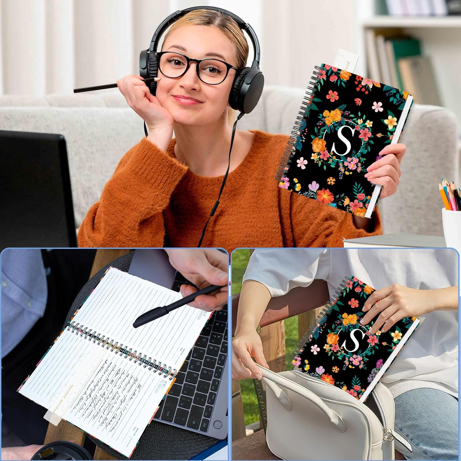 Hardcover Spiral Notebook Journal 5.7&rdquo; X 8&rdquo;, 120 Pages Journals for Women Men, A5 Print Ruled Notebooks, Cute Floral Letter Spiral Journal for Writing, Work, Business, School