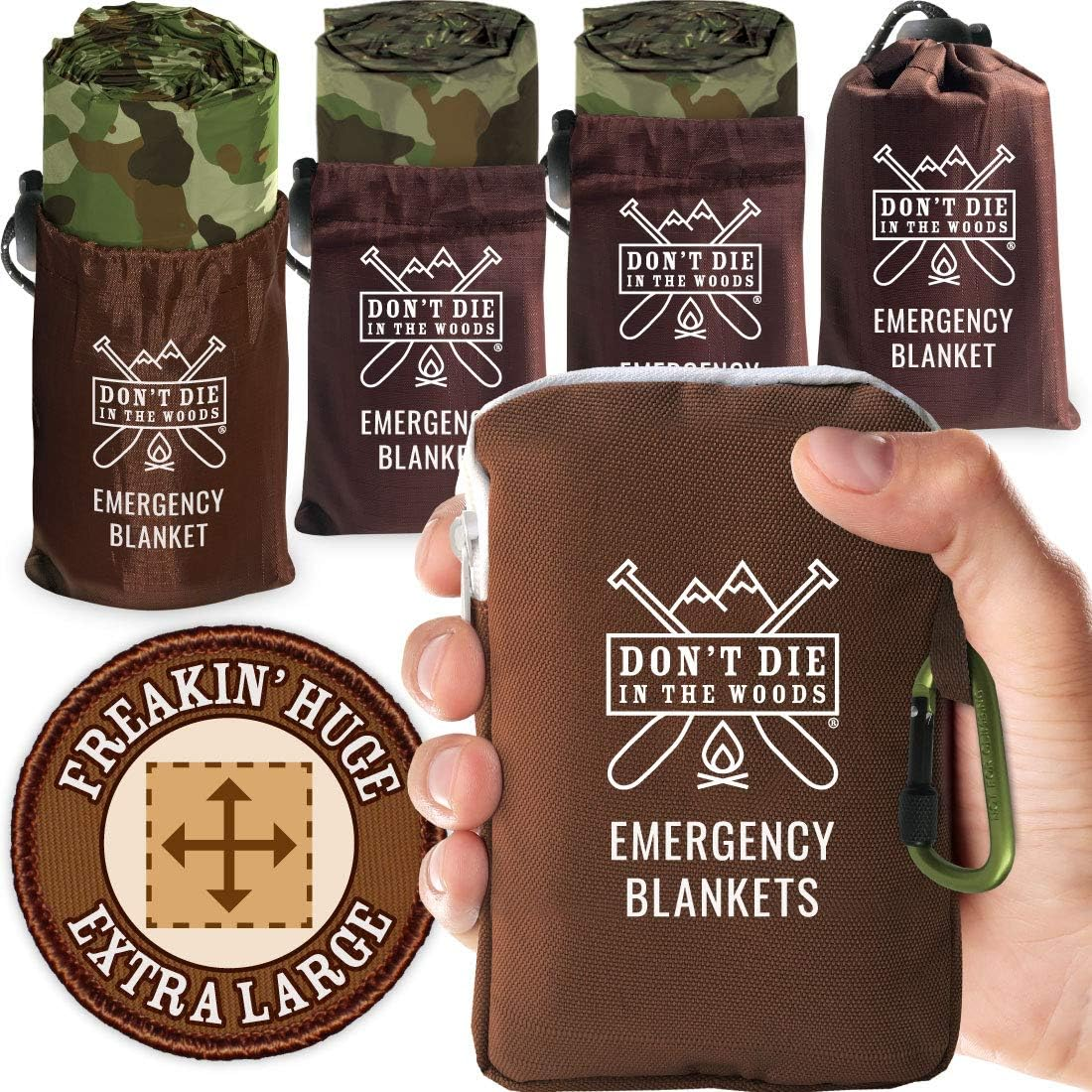 Don'T Die in the Woods - Freakin&rsquo; Huge Emergency Blankets [4-Pack] Extra-Large Thermal Mylar Space Blankets with Ripstop Nylon Stuff Sacks + Carabiner Zipper Pack [Woodland Camo] image number 1