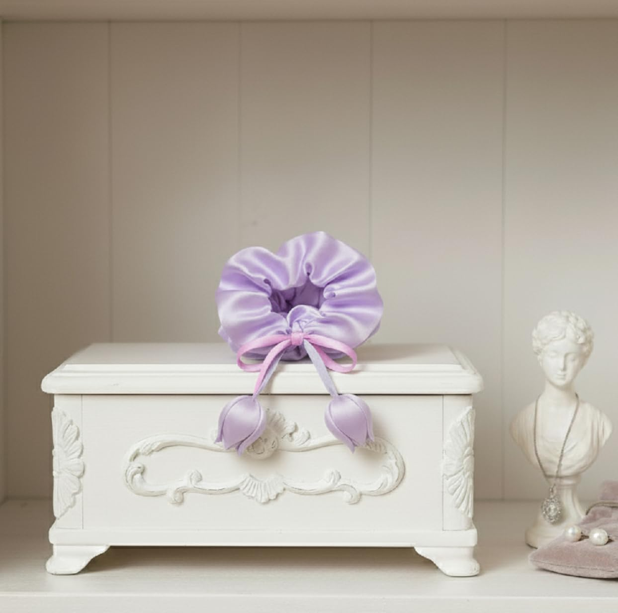 LIVSY Korean Style Sweet Satin Tulip Ribbon Scrunchie &ndash; Silk Scrunchie Hair Tie with Floral Bow & Hanging Buds | Kitsch Beauty Hair Accessories for Women & Girls, Cute Hair Clips & Stylish Hair - Purple - Purple image number 3