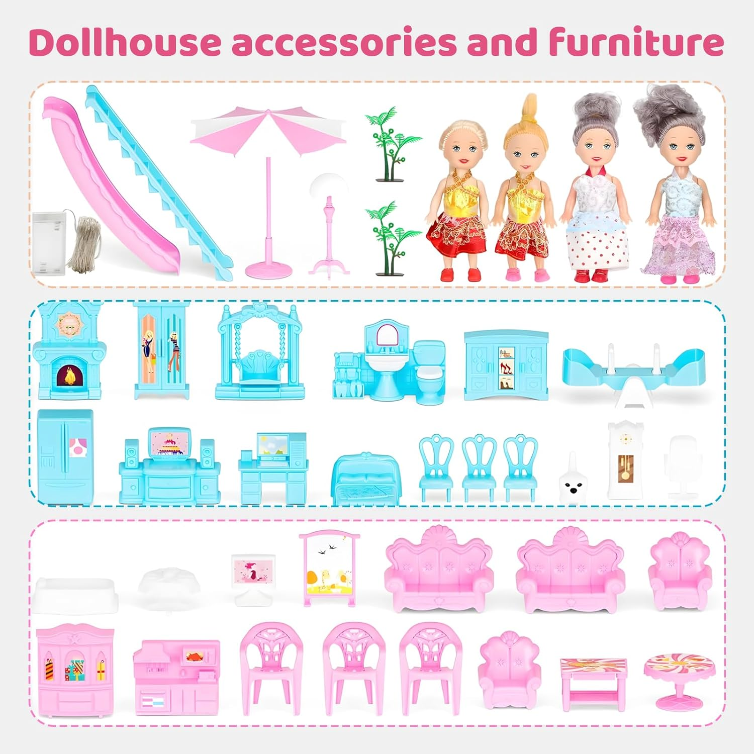 Doll Houses for Girls, Dream Dollhouse Pretend-Play DIY Playhouse Kit Toy - 5-Story 16 Rooms Dollhouse with 4 Dolls & Furniture & Flashing Lights Princess Building Doll House for Ages 3 4 5 6 7 8 image number 3