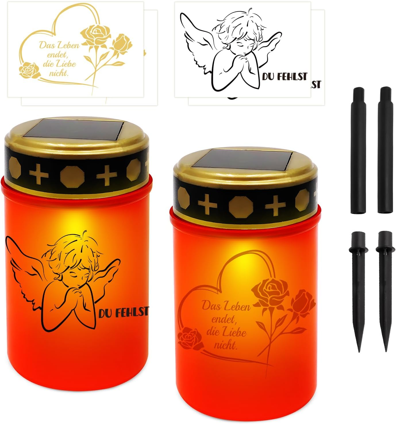 JUNUNDJING 2 Solar LED Grave Lights Funeral Candles with 4 Stickers (2 Types of Motif), Grave Light Solar LED Cemetery Candles IP55 Weatherproof with 2 Ground Spikes 2 Extensions and Twilight Sensor