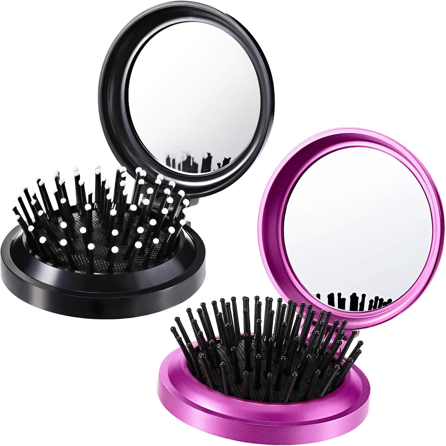 Boao 2 Pack Foldable Travel Mirror Hair Brushes round Portable Folding Pocket Hair Brush Mini Comb Compact Travel Size Massage Comb for Men Women(Black)