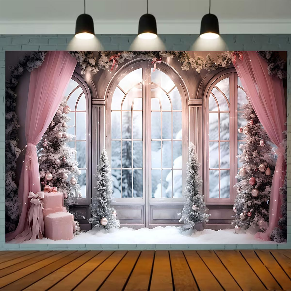 Pink Curtain Winter Xmas Photo Background Christmas Winter Snow Forest Window Photography Background Family Holiday Party Decorations Baby Shower 1St Birthday Backdrop,7X5Ft image number 5