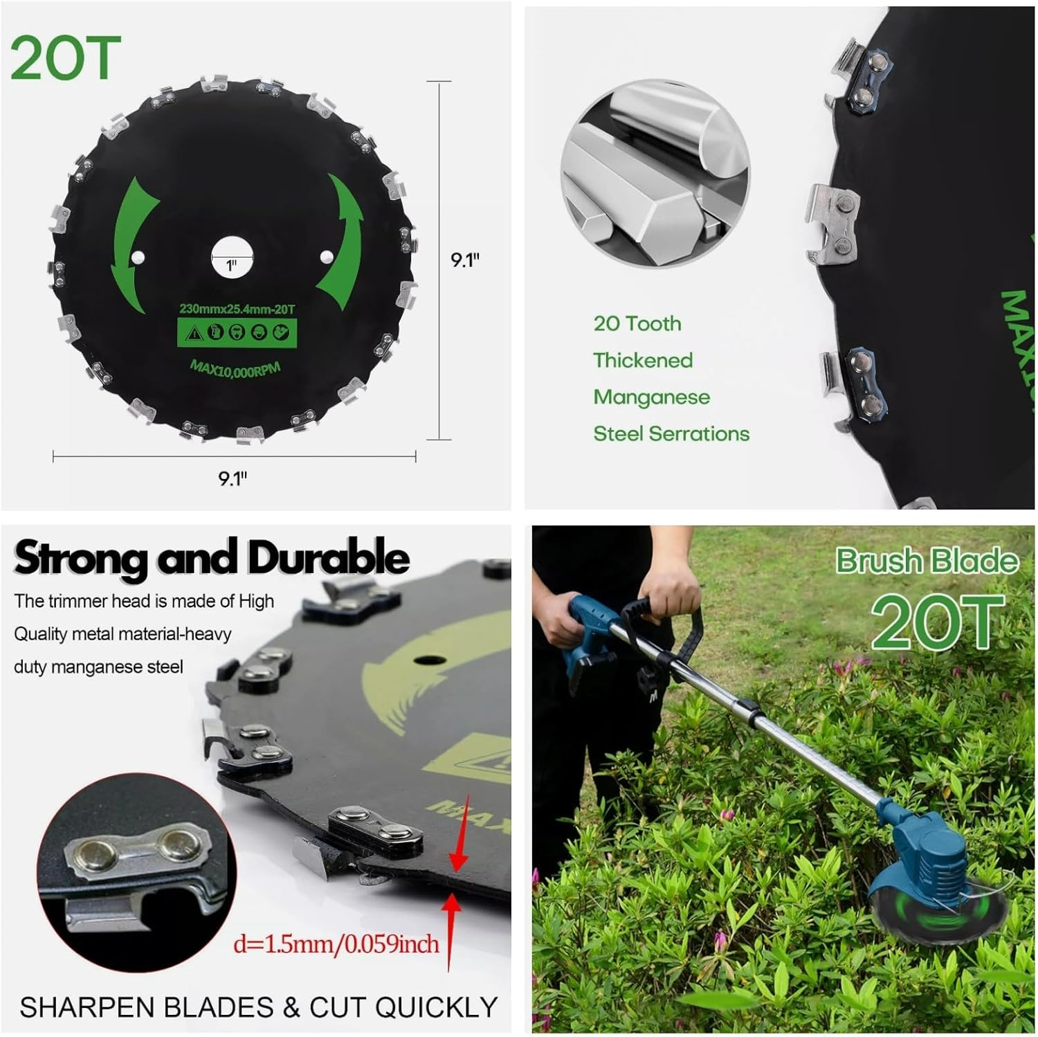 Brush Cutter Kit - 9" X 36T Carbide Tipped Blade, 9" X 20T Carbon Steel Chainsaw Tooth, 10" X 3T Carbon Blade, 6 Steel Razors Trimmer Head for Weed-Eater image number 1