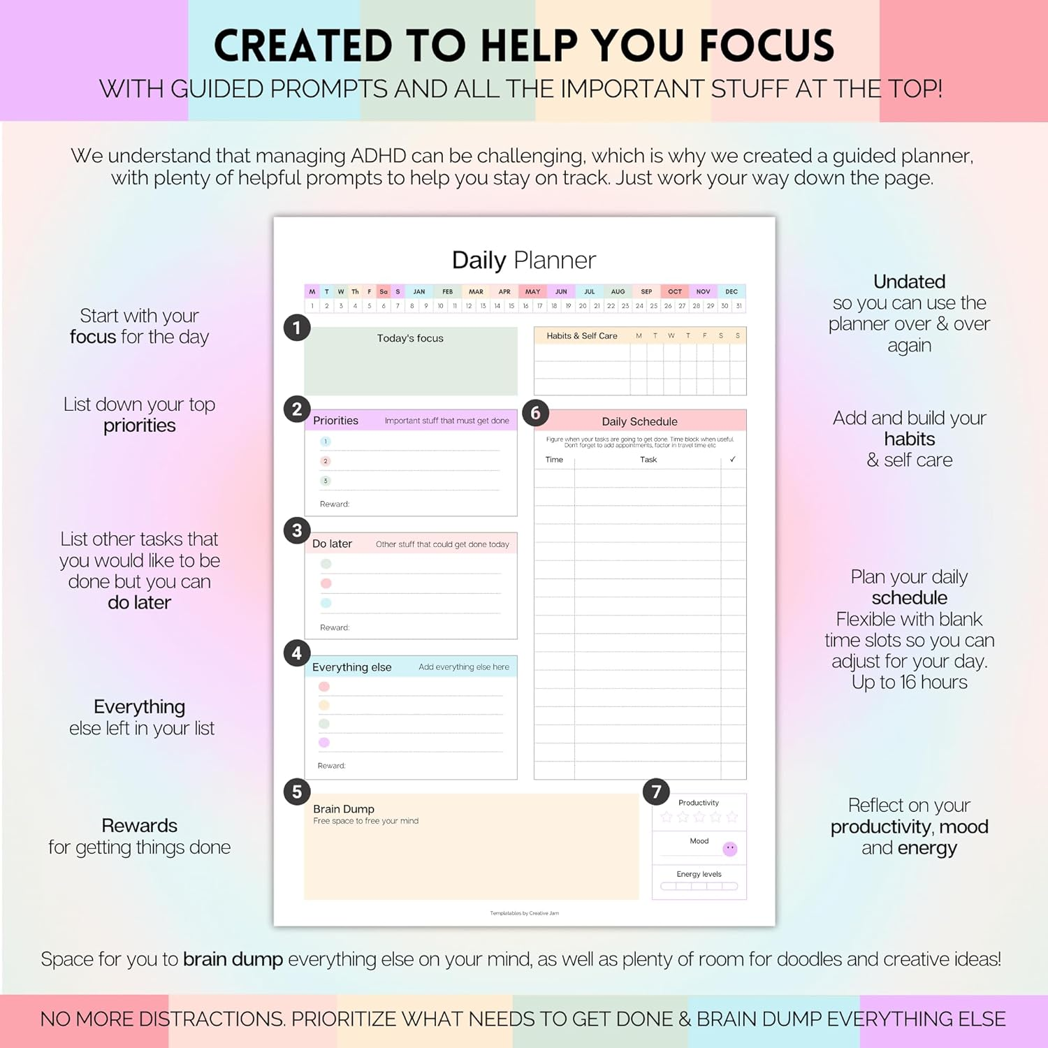 ADHD Daily Planner for Neurodivergent Adults - Productivity Daily Planner & Task Management to Stay Organized and Focused - A5 Pastel Rainbow image number 3