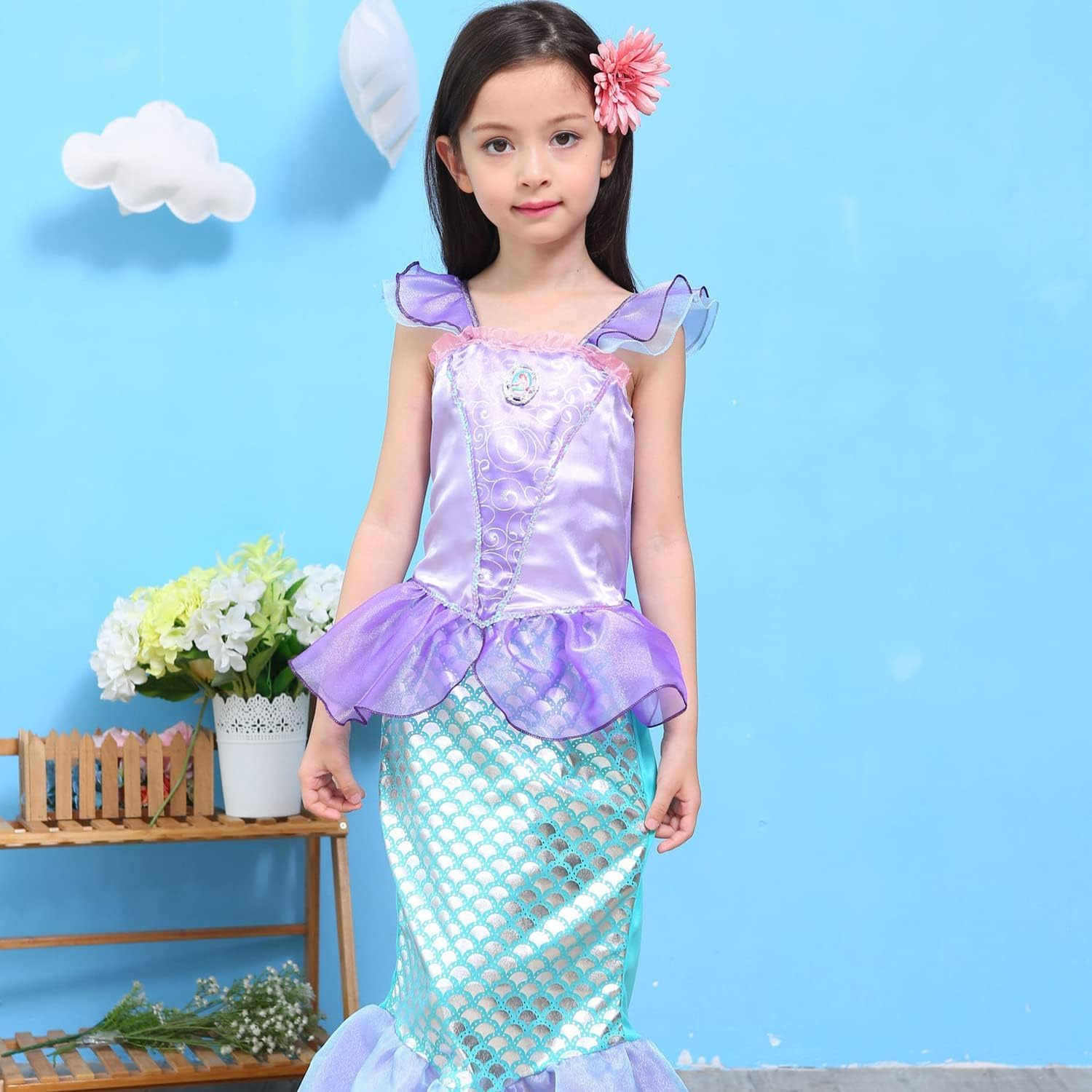 AUTOWT Little Girls Mermaid Princess Costume, Girls Dress up Clothing with Purple Wand Crown for Birthday Halloween Christmas School Cosplay Party image number 4