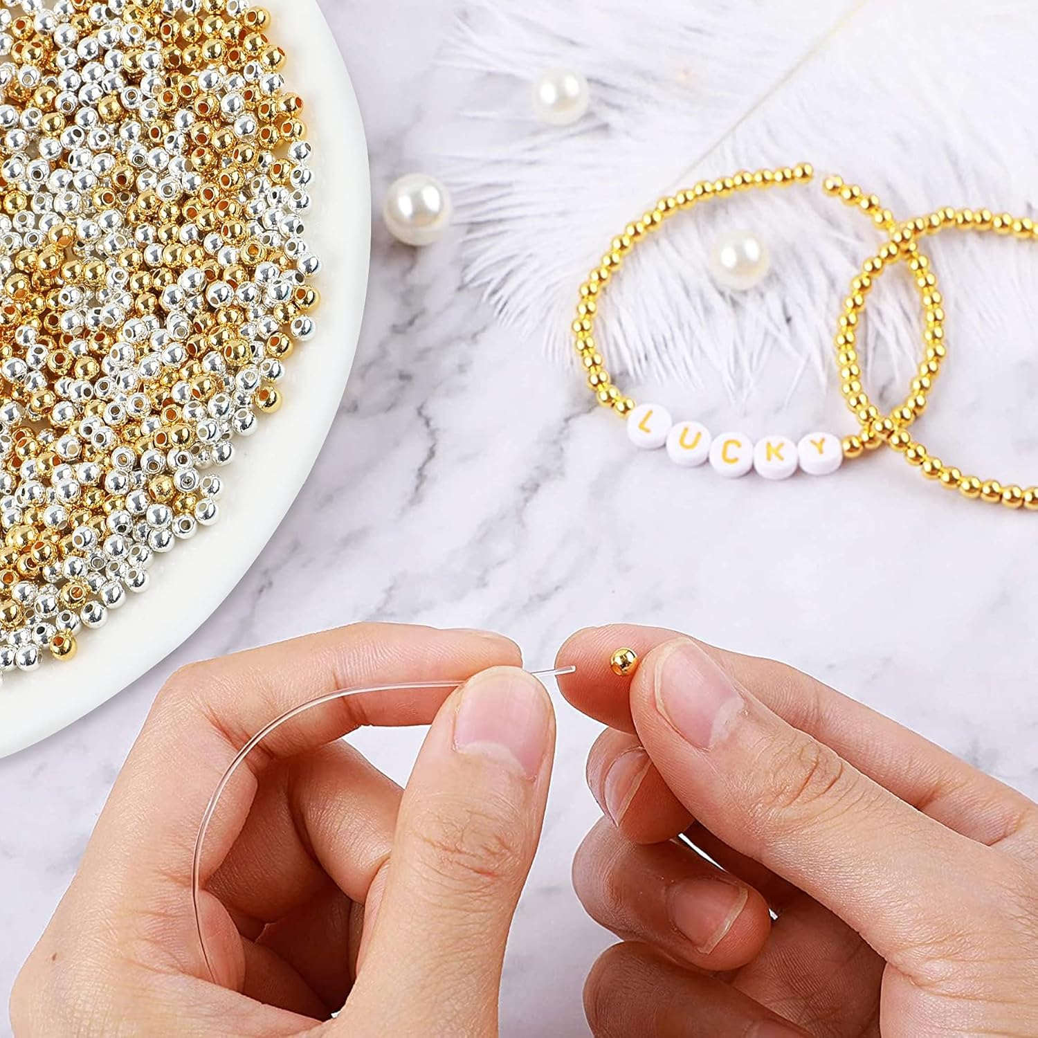 1200Pcs 4Mm round Beads Spacer Beads Smooth Loose Ball Beads for DIY Bracelet Jewelry Making Craft, Silver & Gold image number 3