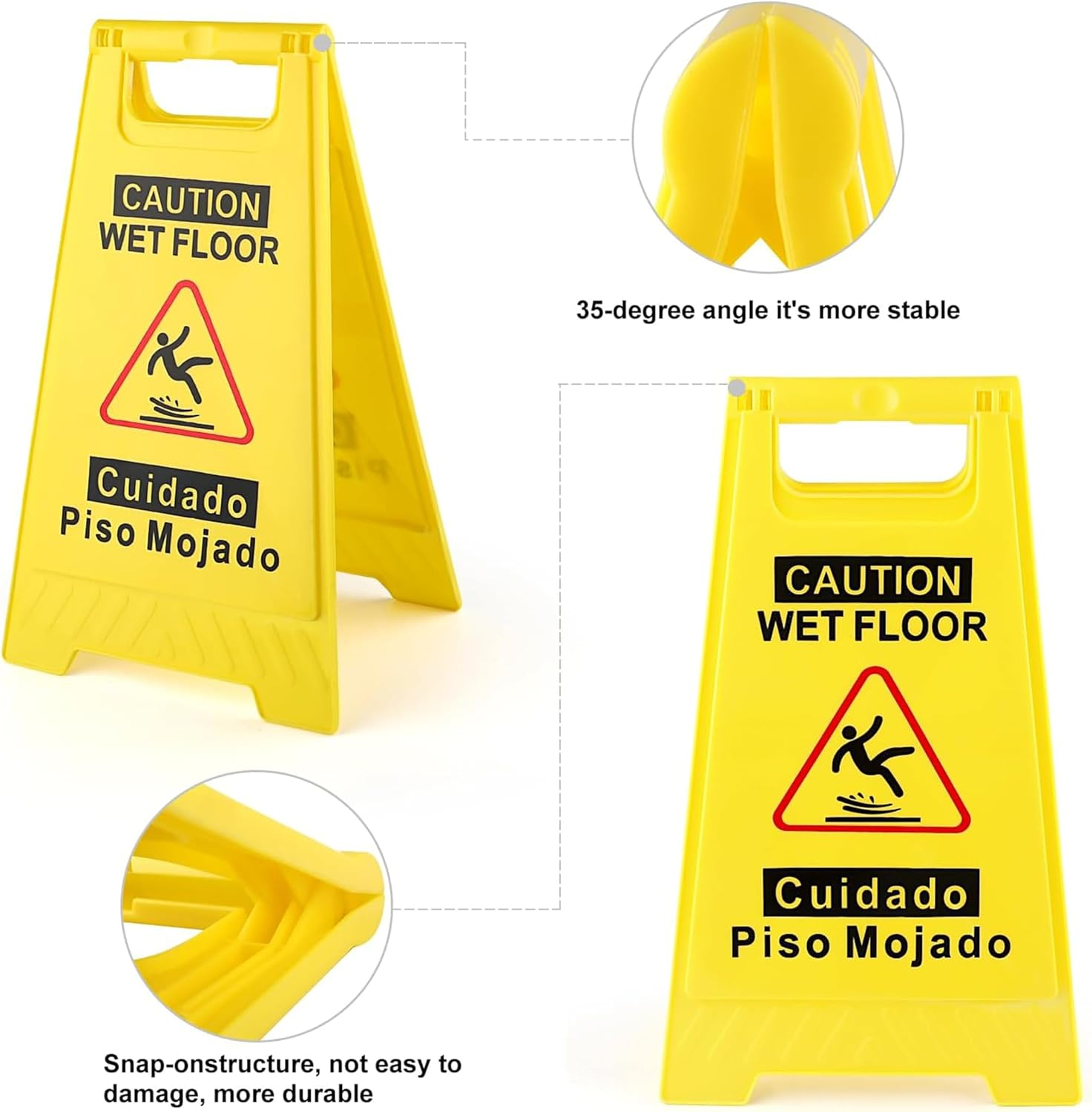 Professional Caution Wet Floor Sign, 4-Pack, Double-Sided A-Frame, Yellow, 17.5 Inch Height, Bilingual Warning Message