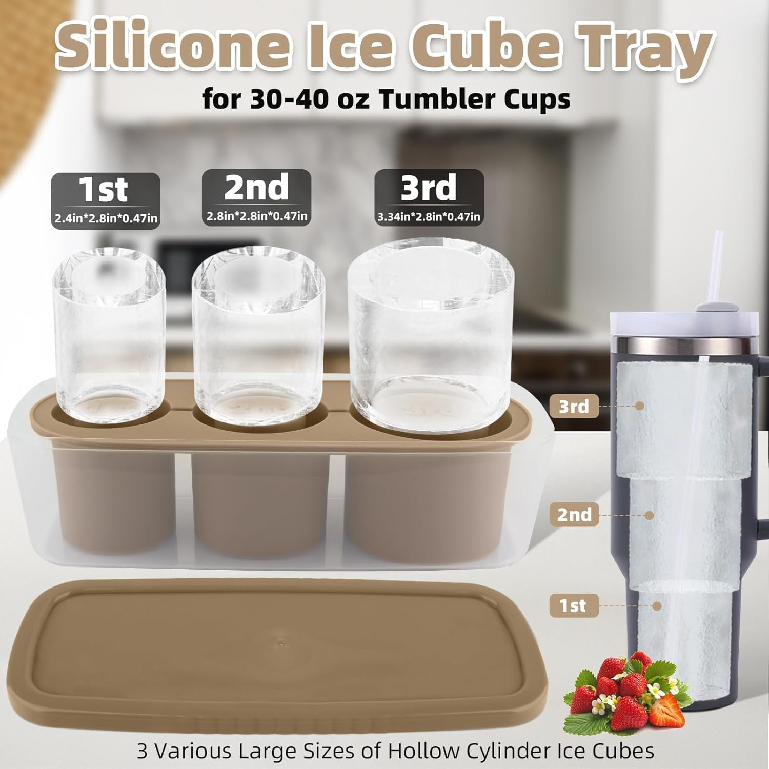 Tcamp Tumbler Ice Mold, Ice Cube Tray with Lid and Bin for 30-40 Oz Tumbler Cup, Silicone Ice Cube Molds for Chilling Cocktails, Whiskey, Drinks, Coffee, Tea, Ice Maker (Brown)