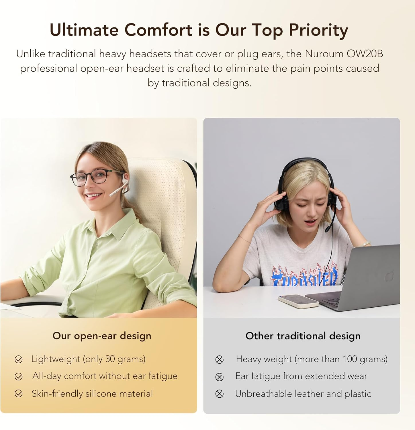 Nuroum OW20B Open Ear Bluetooth Headphones with Noise-Cancelling Microphone, Mute Switch, Bluetooth 5.3 Dual Connection, 15H Runtime, Wireless Headphones for Home Office/Office/Travel, Beige