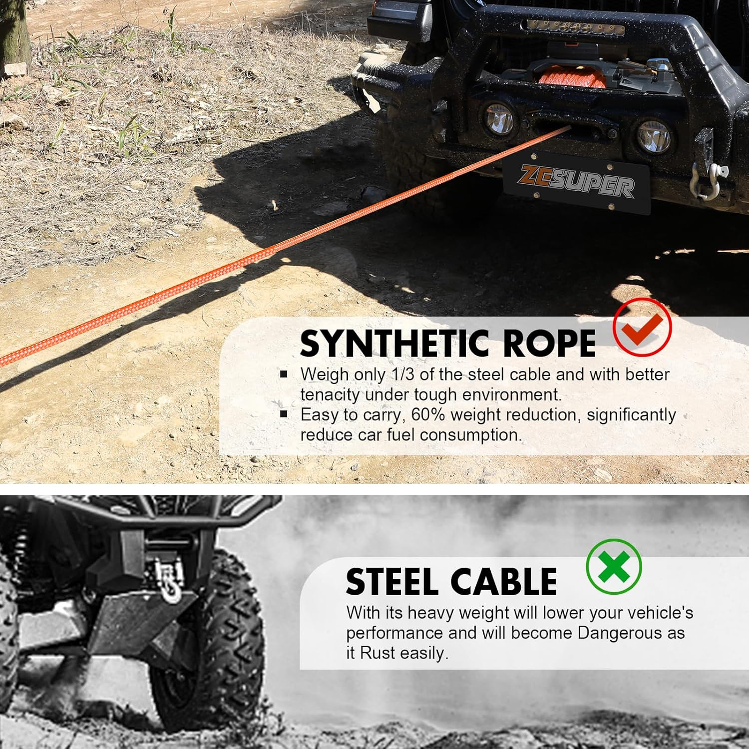 ZESUPER Synthetic Winch Rope1/4''X 49' 10000Lbs Winch Rope Cable with Sheath Winches for Winches SUV ATV UTV Vehicle Boat Ramsey Car (Orange)