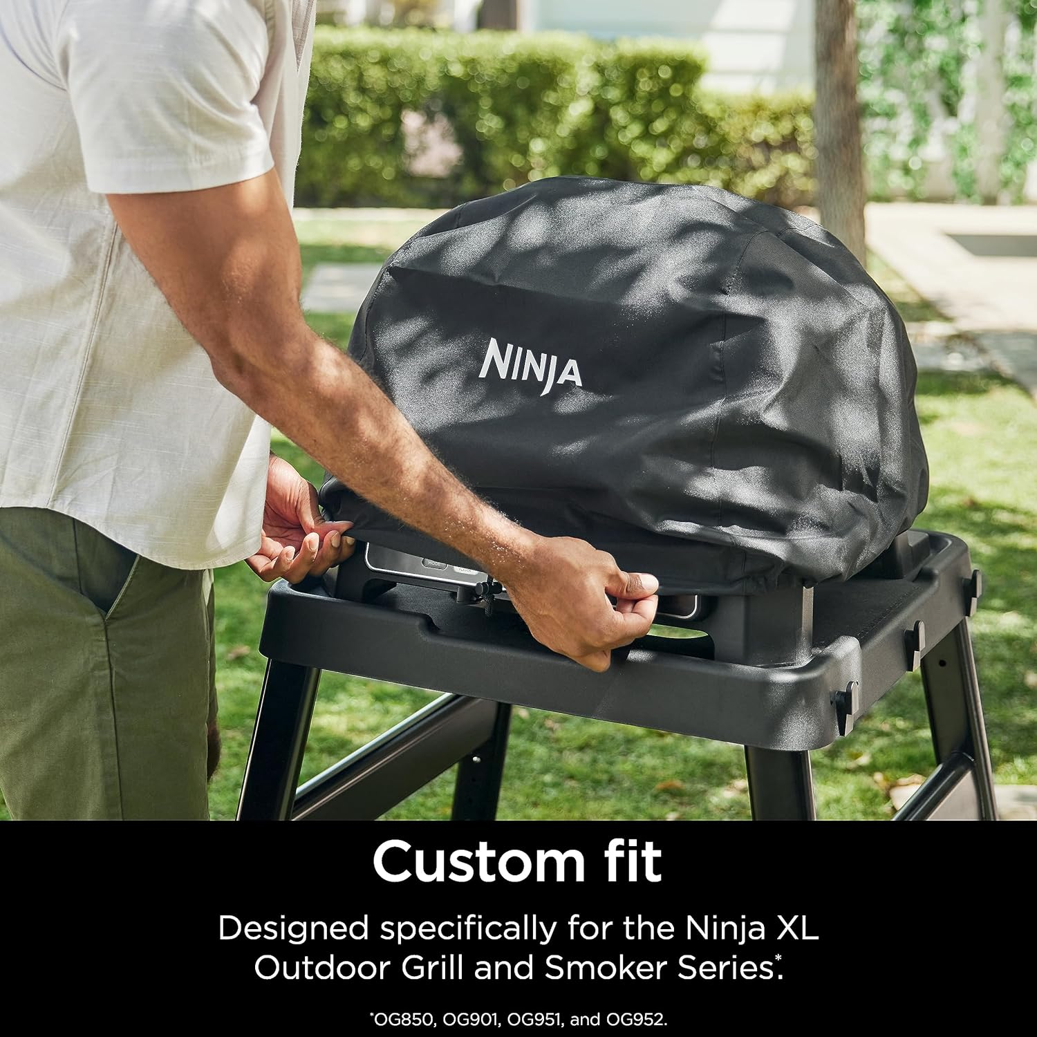 Ninja XSKCOVERXL Woodfire Premium Grill Cover Pro, Compatible with OG800 and OG900 Series, UV & Water Resistant, Elastic Drawstring for Snug Fit, Lightweight, Year-Round Protection, 13'' X 24'', Black image number 2