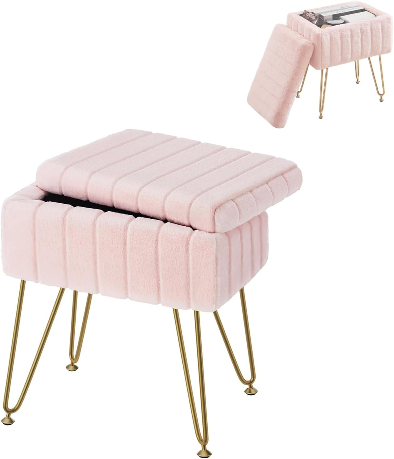 Pink Vanity Stool Chair, Faux Fur with Storage Vanity Stool with 4 Metal Legs, Modern Vanity Chair for Makeup Room and Bedroom, 40 * 30 * 50Cm image number 1