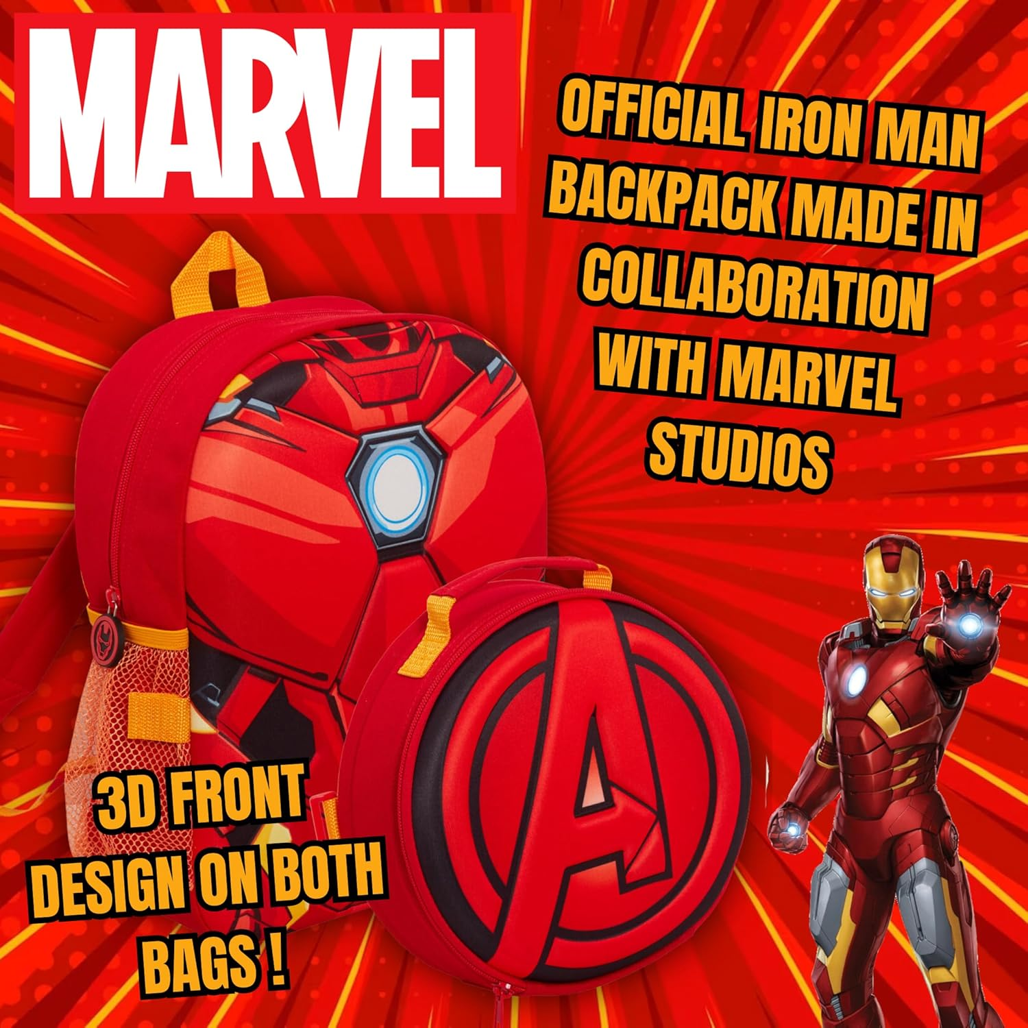 Marvel Kids Iron Man Backpack Avengers Detatchable Lunch Bag Water Bottle Holder Matching 2 Piece Set