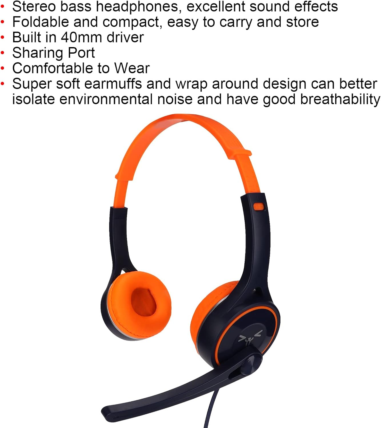 Kids Wired Headphones with 3.5Mm Plug, Foldable Stereo Noise Reduction Comfortable Headset with Sharing Port for Smartphone image number 2