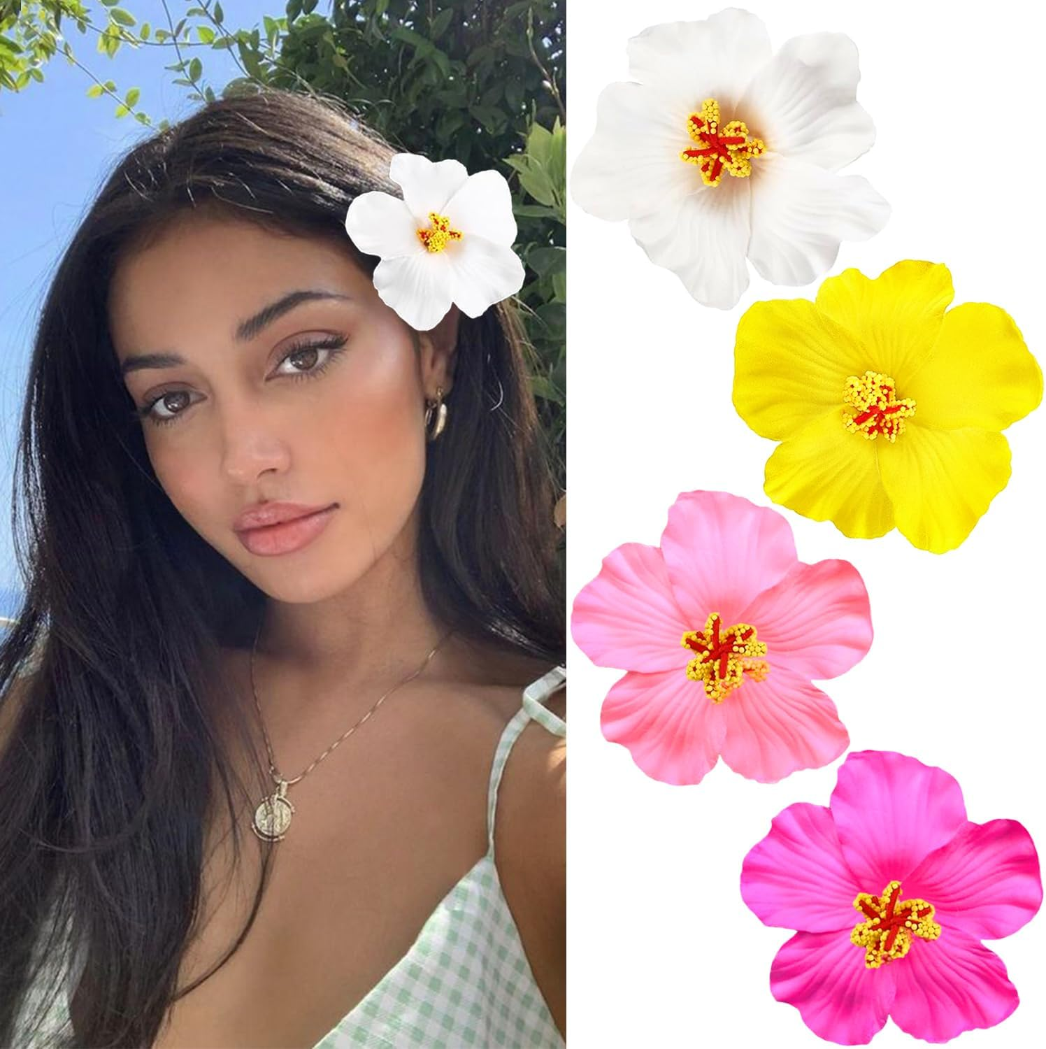 Ruzister 4 Pieces Hawaiian Flower Hair Clips for Women Hair Clips with Plumeria and Hibiscus Artificial Flower Clips Hair Accessories for Holiday Beach Party Boho