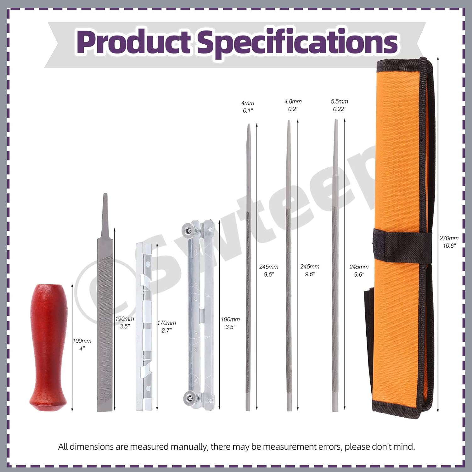 Swpeet 10Pcs Chainsaw Sharpener File Kit, round Files of 5/32, 3/16, 7/32 Inch, Flat File, Blade Filing Guide, Raker Tooth Depth Gauge, Wood Handle and Tool Pouch for Sharpen Chain Saw Teeth Blade image number 6
