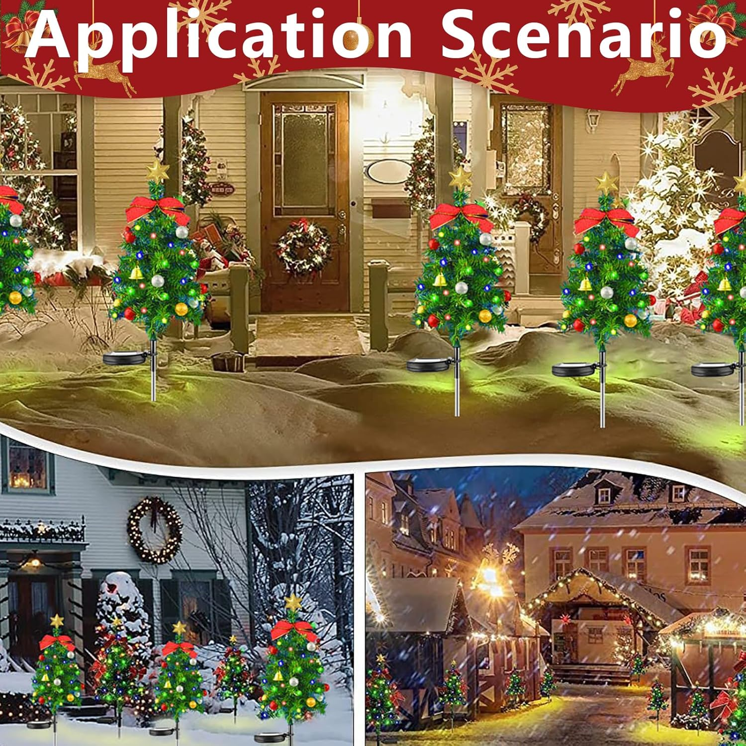 2PCS Solar Christmas Tree Light Outdoor Waterproof,26.7 Inch Solar Tree Lights with LED Four Color Decorated Prelit Gift Boxes & Ornaments for Pathway Patio Yard Garden Cemetery