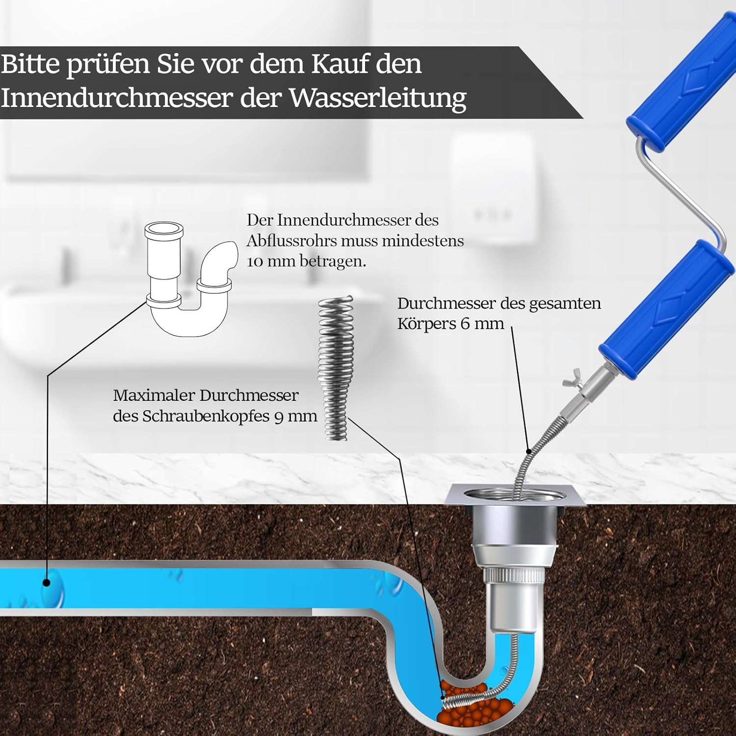 GYHMTOO Pipe Cleaning Spiral, Diameter 6 Mm, Drain Cleaner Spiral, Cleaning Spiral with Electric and Manual Adapters, Pipe Cleaner Spiral Pipe Cleaning Shaft, Efficient Pipe Spiral (6 Mm, 5 M) image number 3