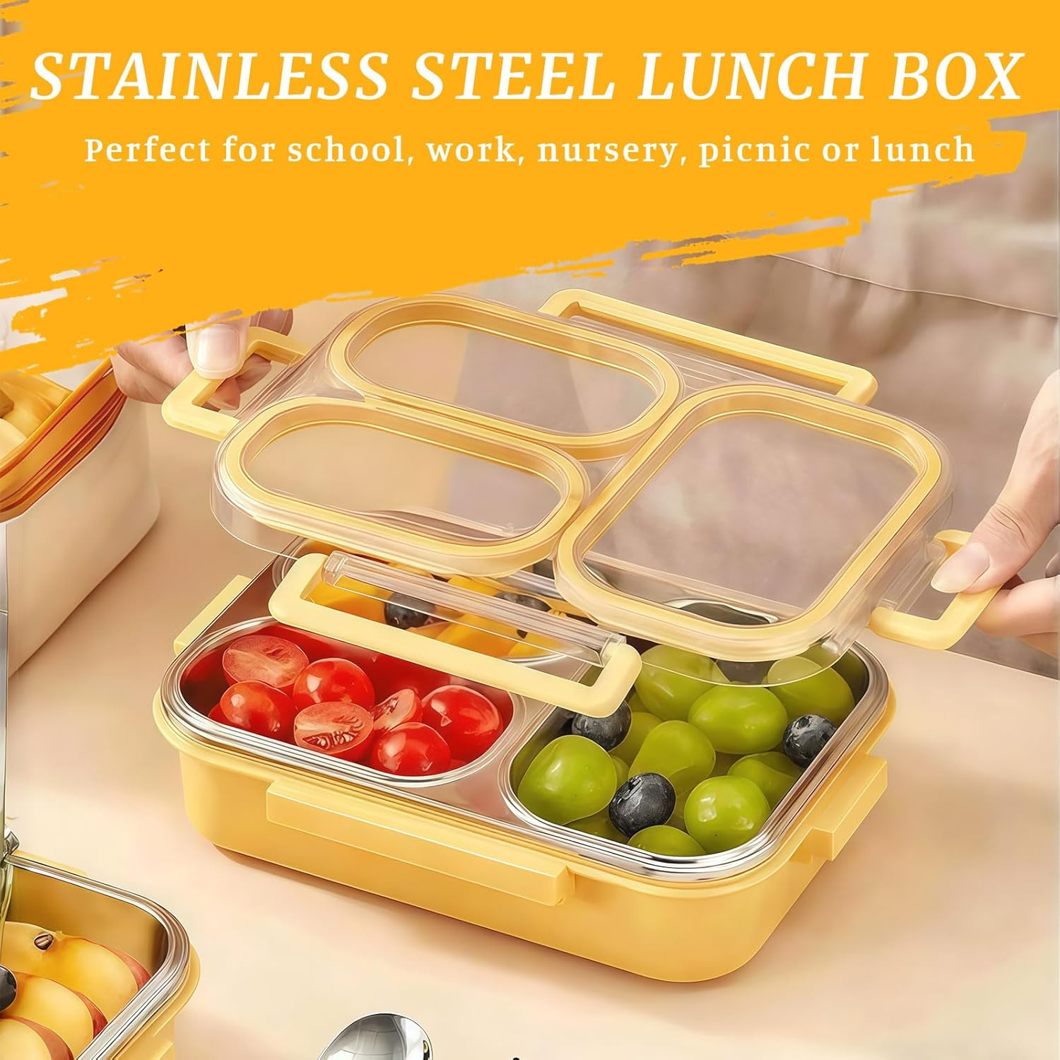 Lunch Box with Compartments, Stainless Steel Lunch Box for Children & Snack Box with Compartments, Bento Box 3 Compartments, Leak-Proof Stainless Steel Snack Box for School & Office image number 3