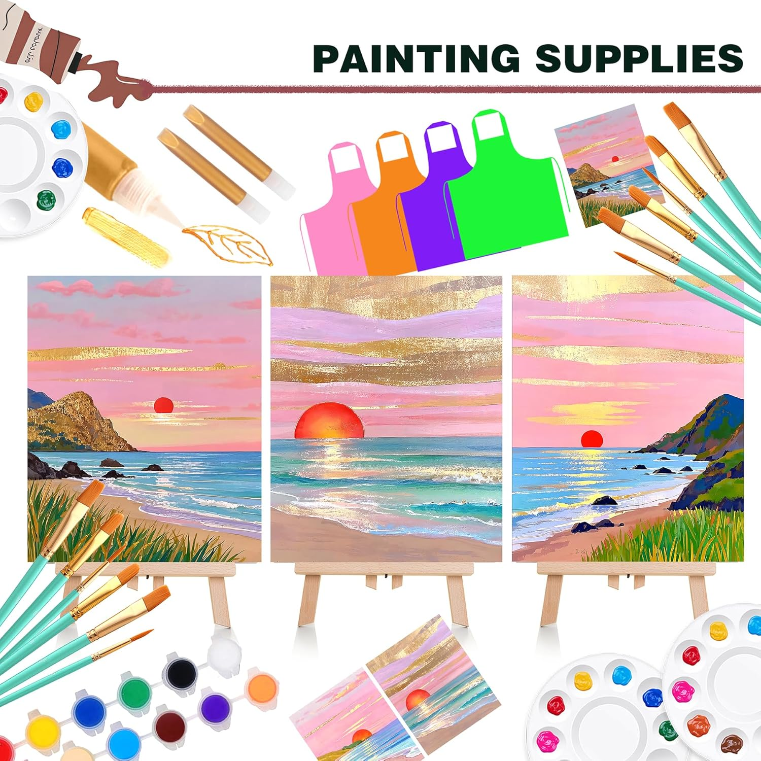 QUANWAISJ 12-Pack 10''X12''Sip and Paint Kit for Adults, Girls' Night Pre-Drawn Canvas,Painting Kits for Adults, Party Supplies, DIY Craft (Golden Beach)