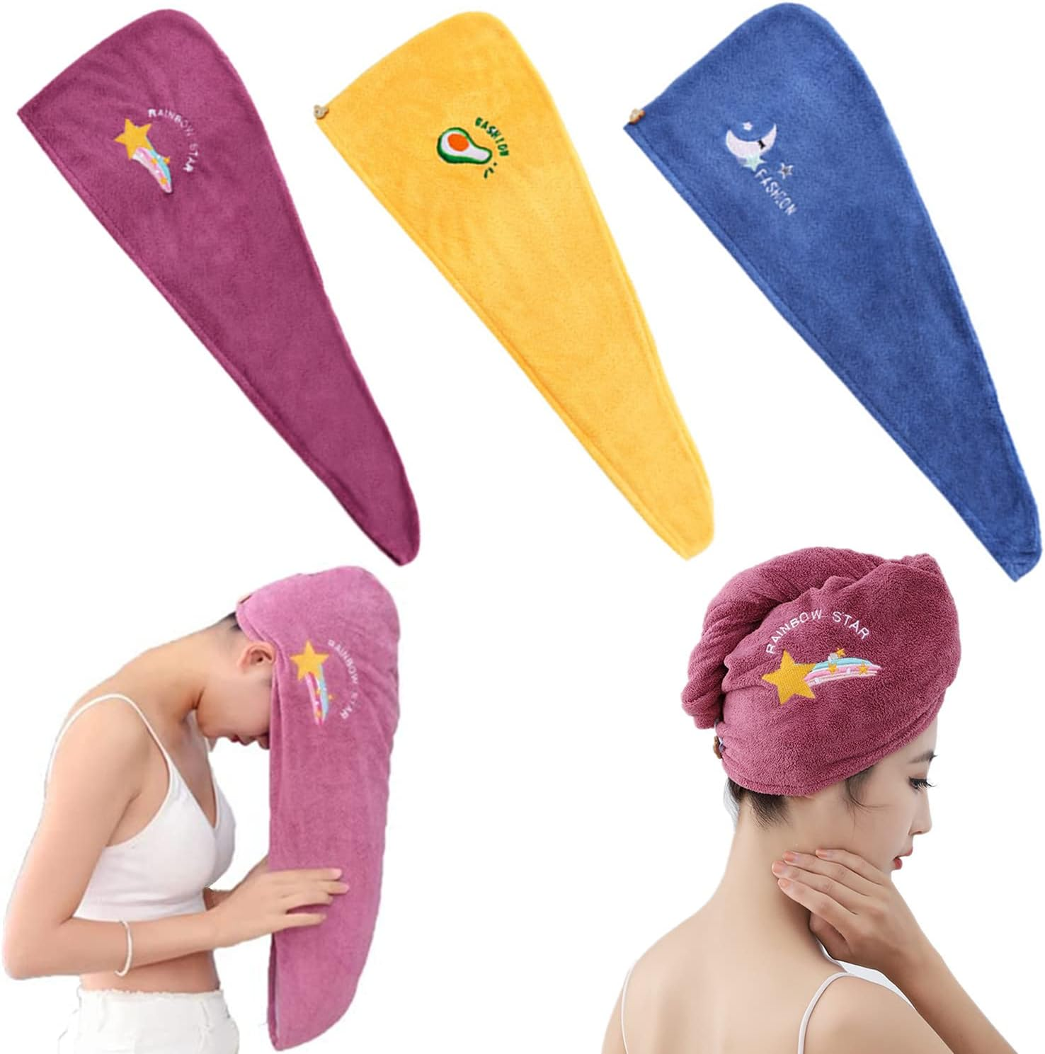 Kettion Pack of 3 Hair Turban with Buttons, Hair Towel, Turban Towel, Hair Quick-Dry Hair Towel, Super Absorbent Hair Drying Towel, Twisted Hair Towel Wrap, image number 1
