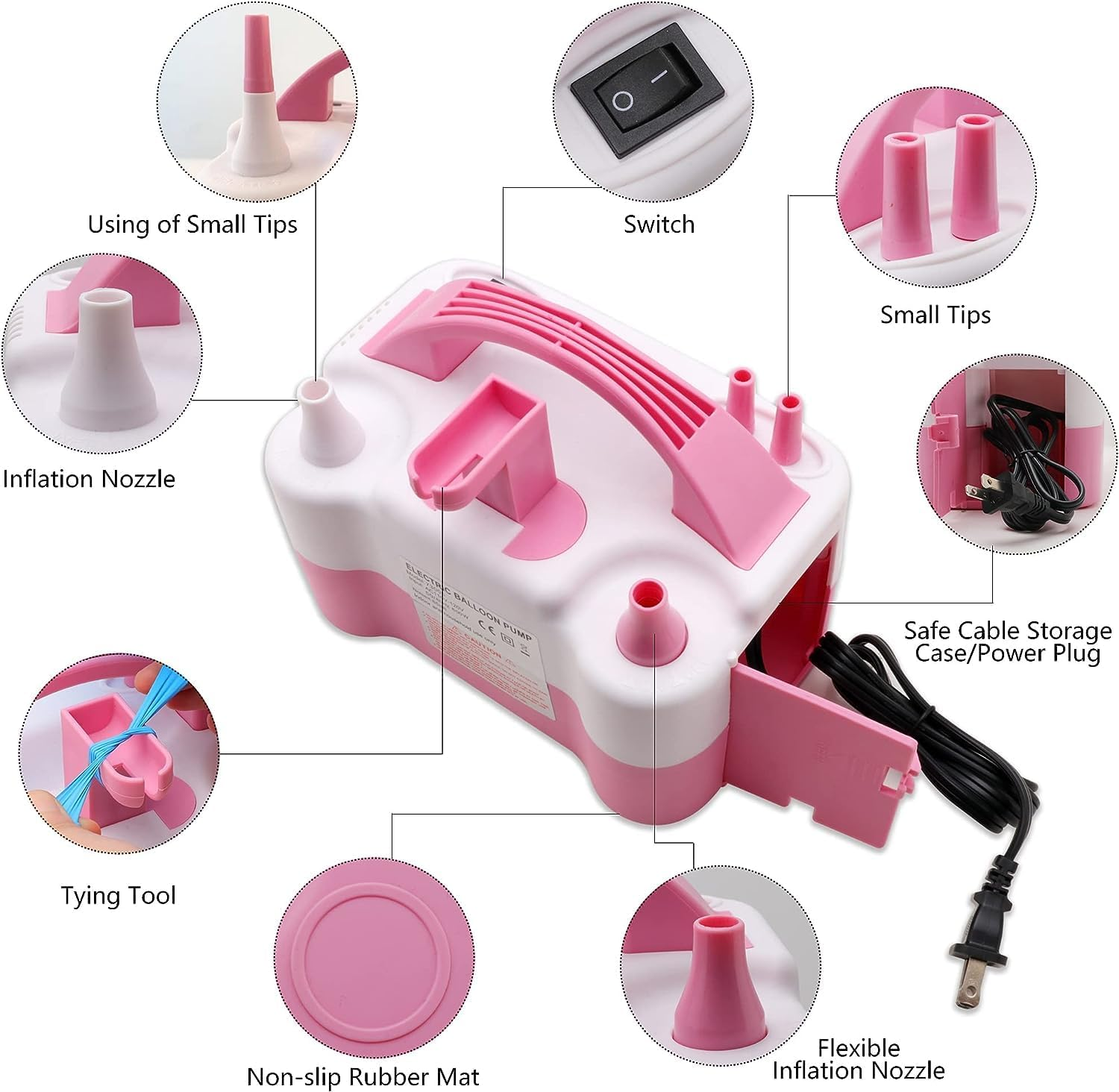 Ikerall Electric Air Balloon Pump and Balloon Tying Tool in One, Portable Dual Nozzle Pink 220V-240V 600W Electric Balloon Blower Pump for Decoration, Party,Faster and save Time image number 6