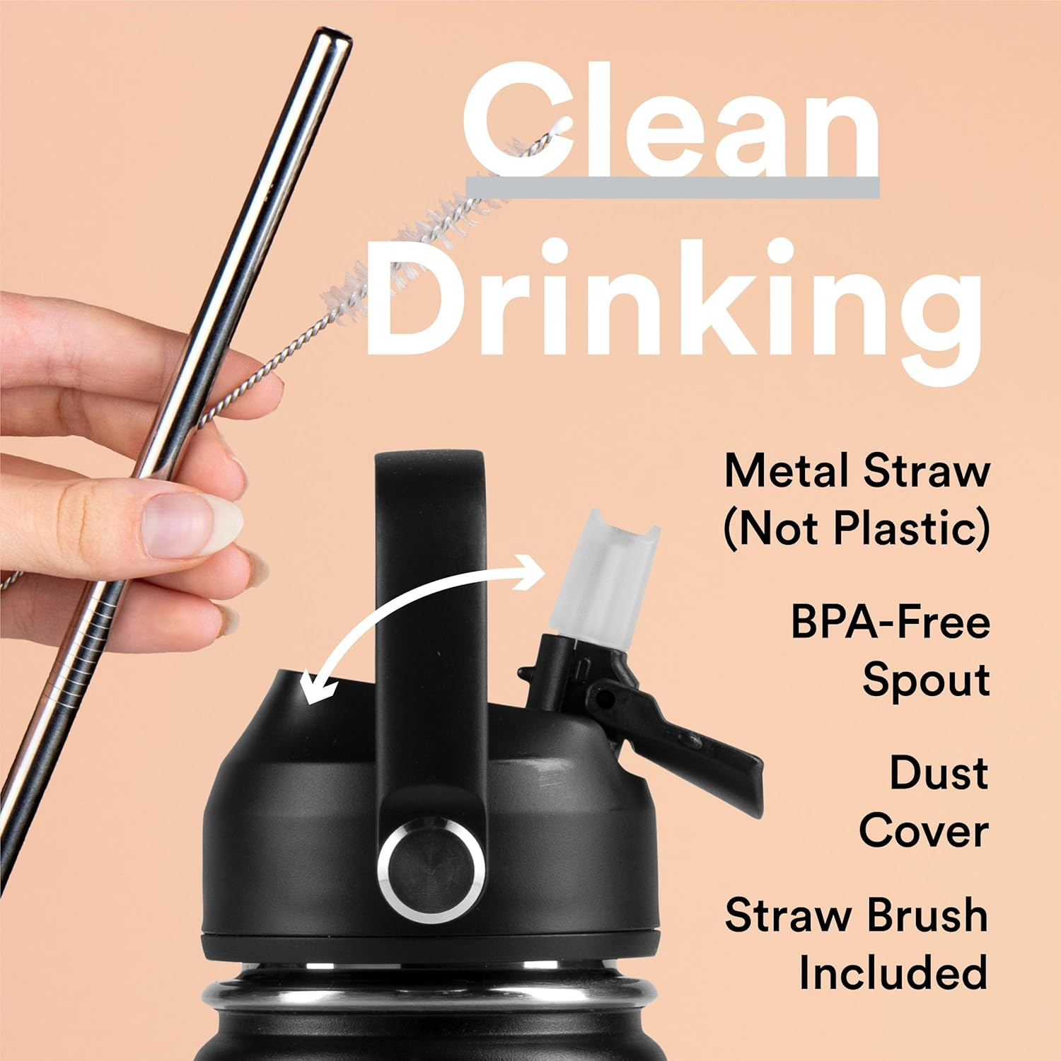 Moon Bottles - Insulated Water Bottle with Straw - Stainless Steel Sports Drink Bottle, Thermal Flask, 24Hr Cold, 12Hr Hot, Double Walled, Metal Straw, Silicon Spout, Australian Company (500Ml, Black) image number 2