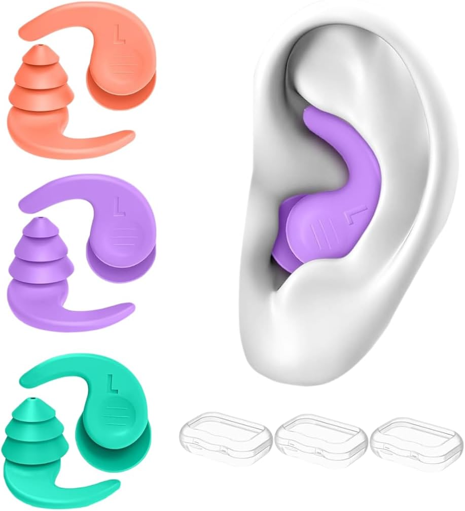 3 Pairs Swimming Ear Plugs for Adults，Silicone Waterproof Reusable Swim Earplugs for Swimming, Surfing, Showering，Water Sports and Swimming Ear Plugs. (Black + Green + Gray, Adults & Teens)