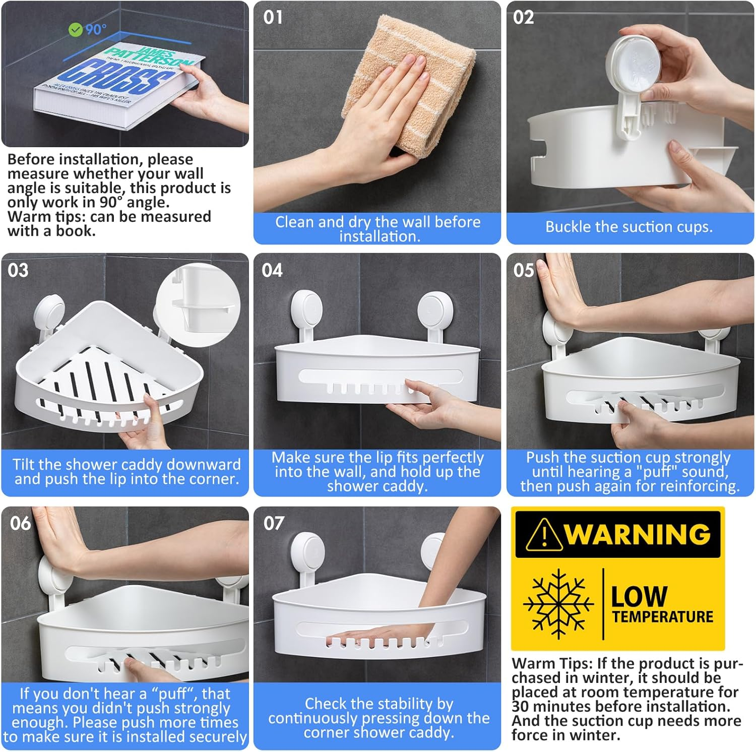 LEVERLOC Suction Cup Corner Shower Shelf - No Drilling, Removable Bath Shelf with Heavy Duty Hold, Waterproof & Oilproof White Shower Organizer Rack for Bathroom & Kitchen image number 1