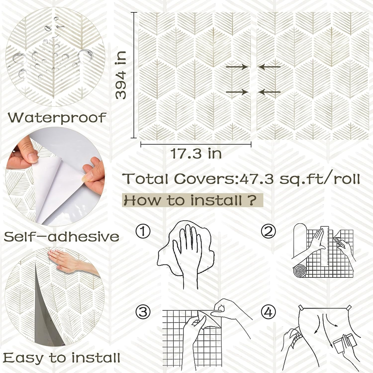 Modern Peel and Stick Wallpaper 17.3''&times;393'' Self Adhesive Boho Geometric Beige and White Removable Decorative Wallpaper for Bedroom Bathroom Cabinets Decor Vinyl image number 5