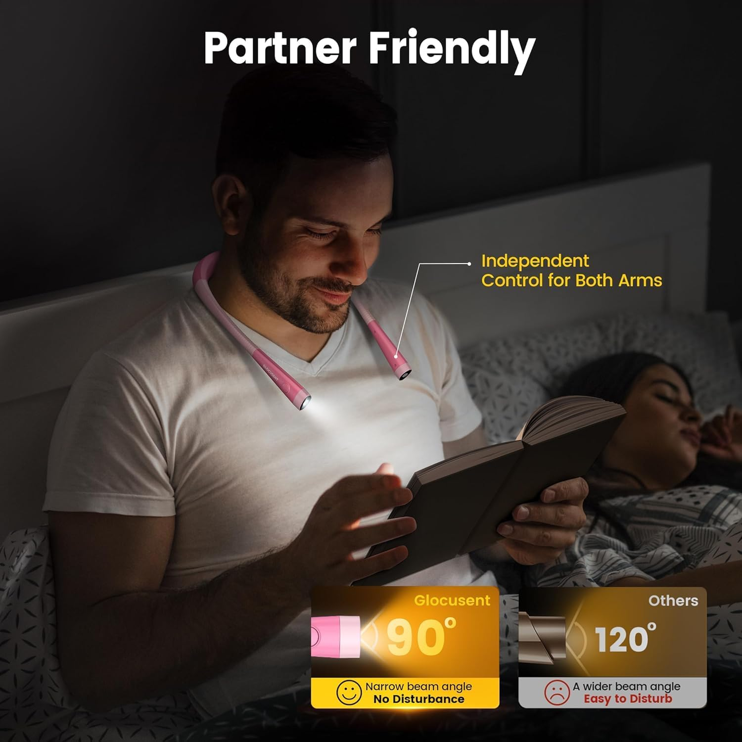 Neck Light, Rechargeable Reading Light, 3 Colors 9 Stepless Brightness, Book Light with a Lock, Timer and Sleep Aid, Ergonomic Design, Perfect for Reading, Camping, Knitting Craft (Pink) - Silver Gray image number 3