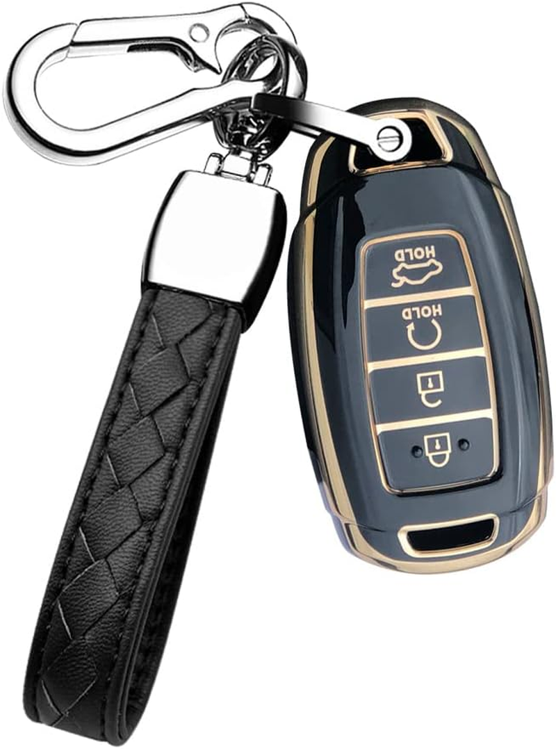 HIBEYO Key Fob Cover for 2018 2019 2020 2021 2022 Hyundai Santa Fe Venue Kona Veloster Palisade Elantra GT Accessories with Keychians Key Case Shell Soft TPU 4 Button-White