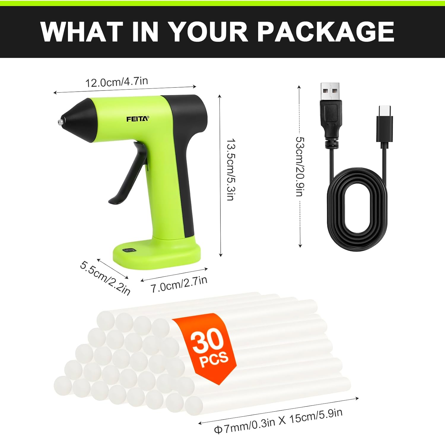 FEITA Cordless Hot Glue Gun Usb-C Rechargeable, 40S Fast Preheating, Portable Wireless Glue Gun Kit with 30Pcs Mini Glue Sticks, Suitable for Kids Craft, DIY Home Repair image number 5