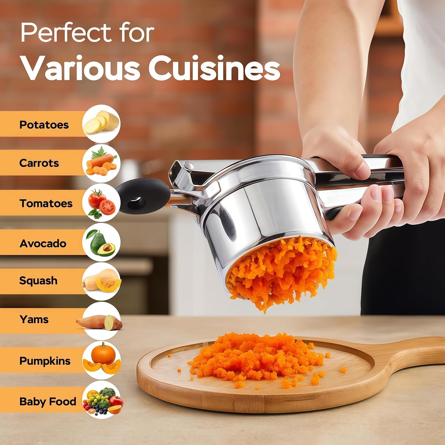 Potato Ricer, Stainless Steel Paotato Masher, Heavy Duty Ricer with Silicone Handle, Pkitchen Tool Potato Press Kitchen Gadget for Potatoes Vegetable Fruit,Juicer, Baby Food Press Squeezer (1)