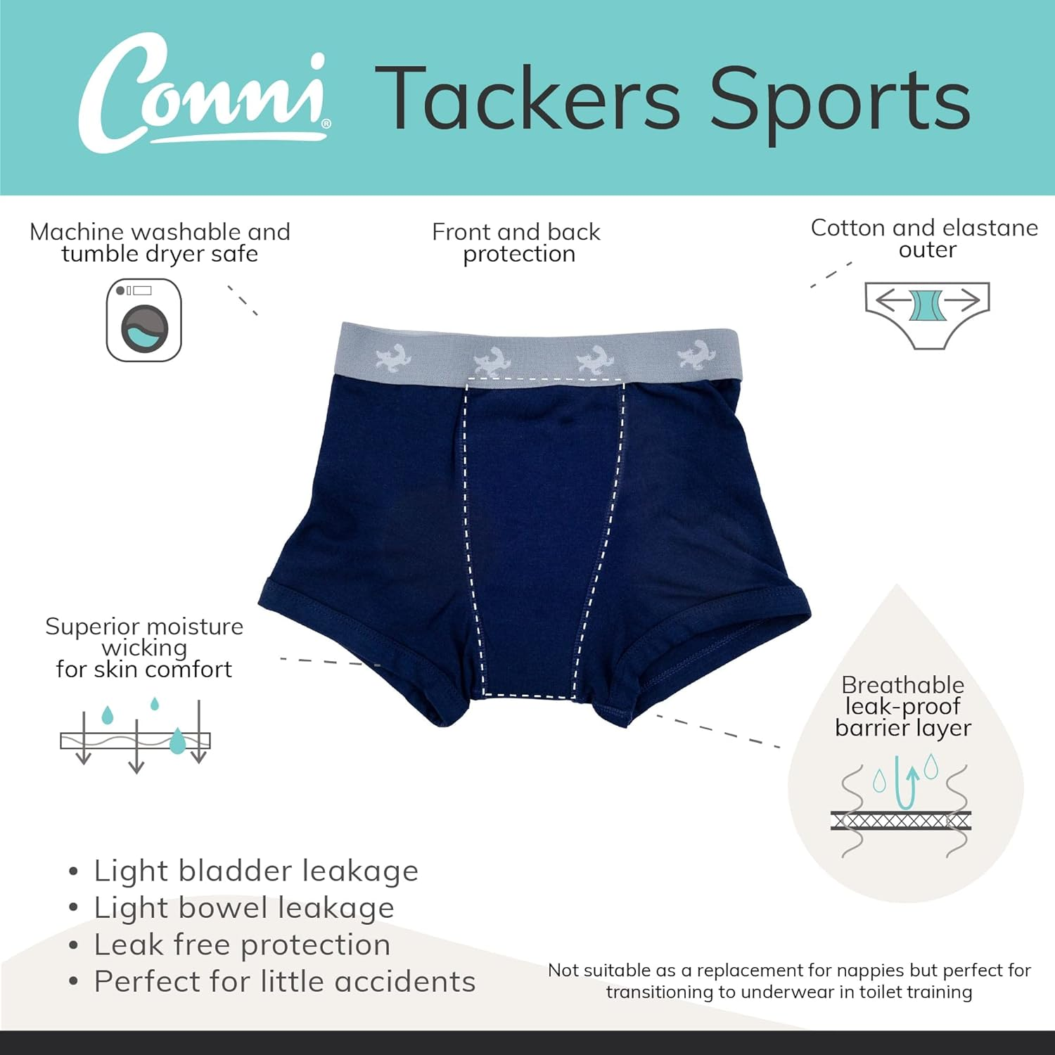 Conni Kids Tackers Sport Washable Pull up Boxer Pants for Potty Training and Youth Incontinence, Navy, Size 12-14 image number 6