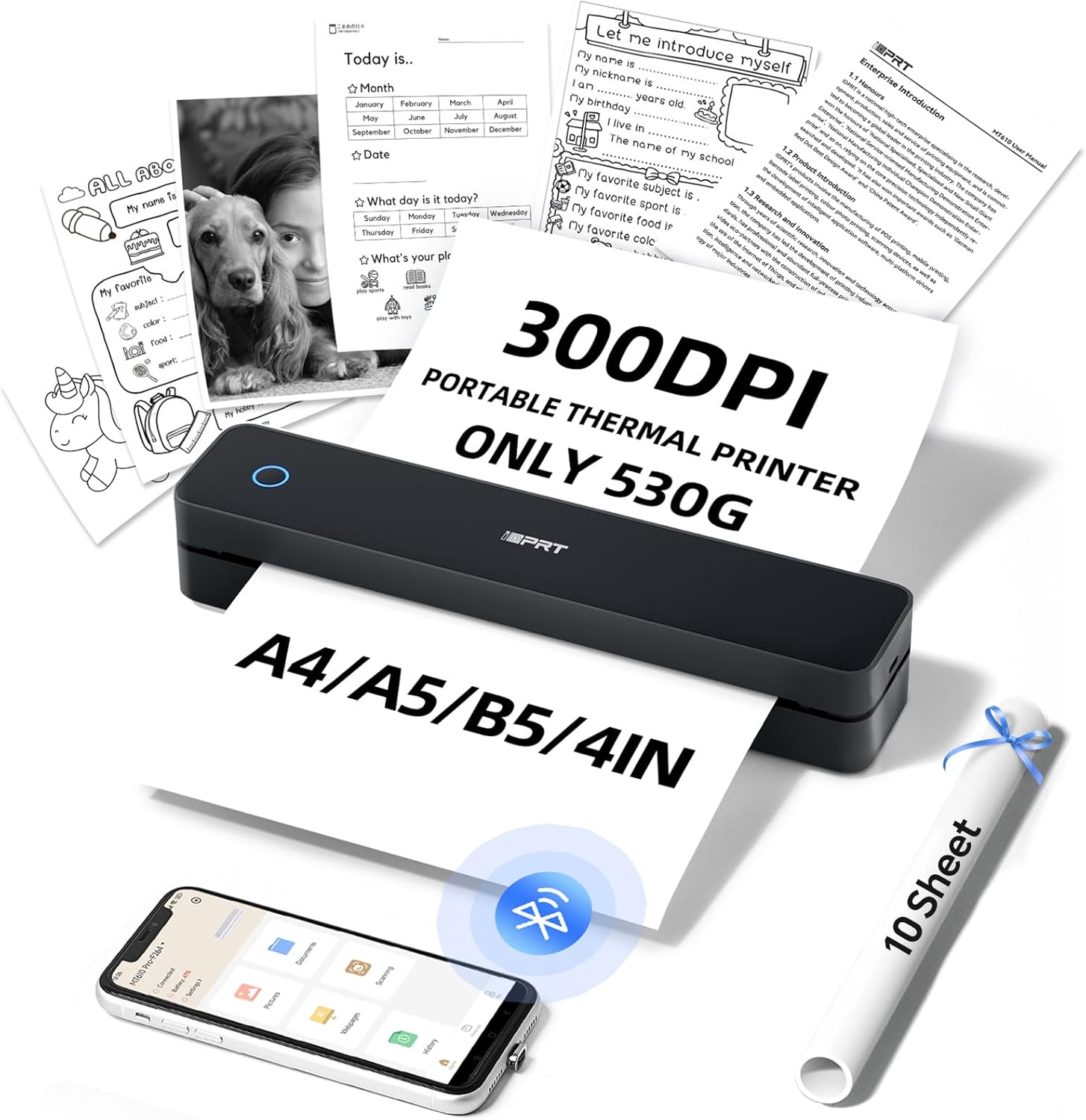 Portable Thermal Printer for Travel - 300DPI Mobile Inkless Printers, Wireless Small Printer for Home Use, Office, Vehicles, Bluetooth Printers Supports 8.5" X 11" US Letter & A4 & A5 Size, Black image number 4